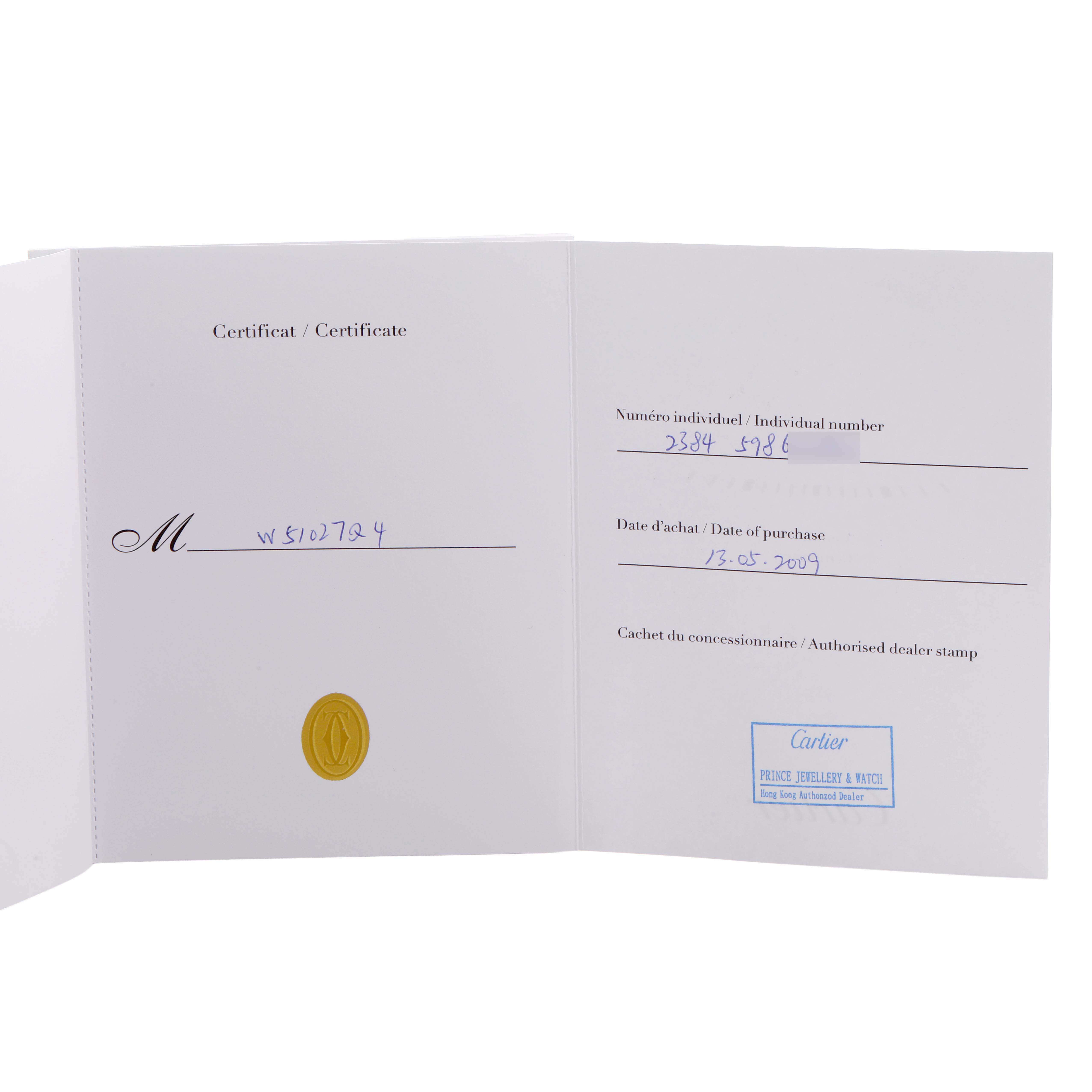 The image shows an open certificate for the Cartier Tank Francaise W51027Q4 Women's Steel and Gold (two tone) Mother of Pearl Dial with purchase details and dealer stamp visible.