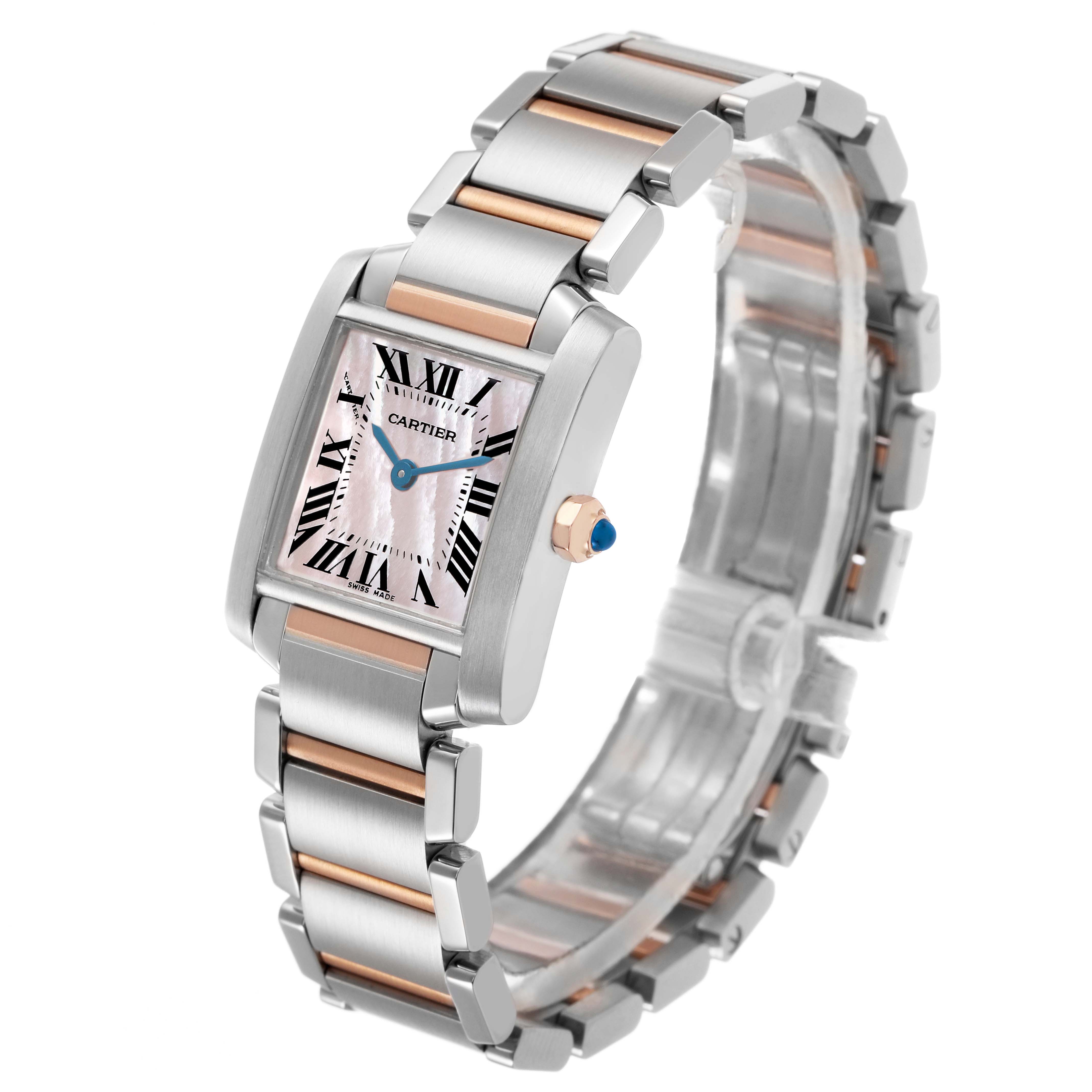 The Cartier Tank Française watch is shown at a slight angle, displaying the face, bezel, and bracelet.