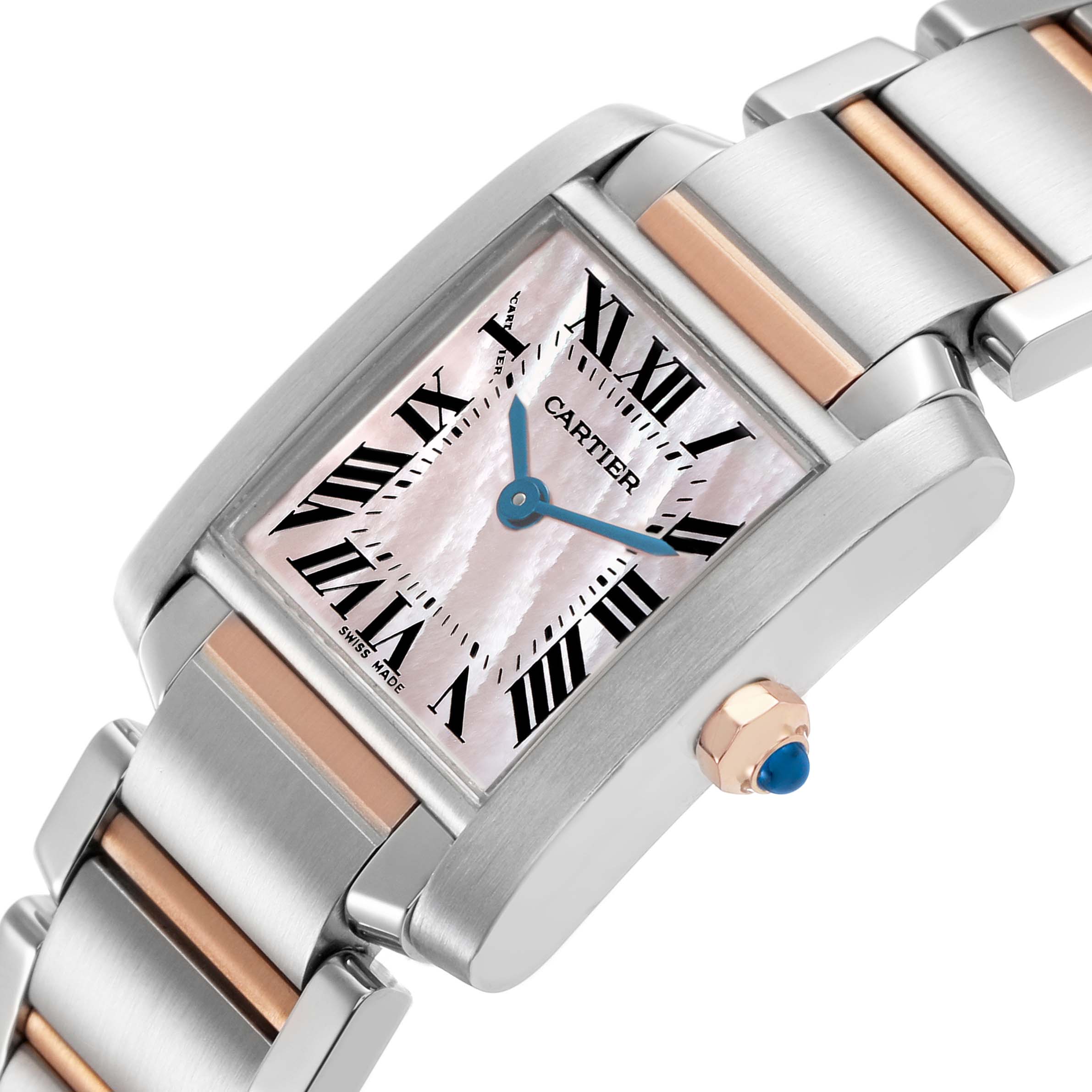 The Cartier Tank Francaise W51027Q4 Women's Steel and Gold (two tone) Mother of Pearl Dial watch is shown at an oblique angle, highlighting the face, bracelet, and sapphire cabochon crown.
