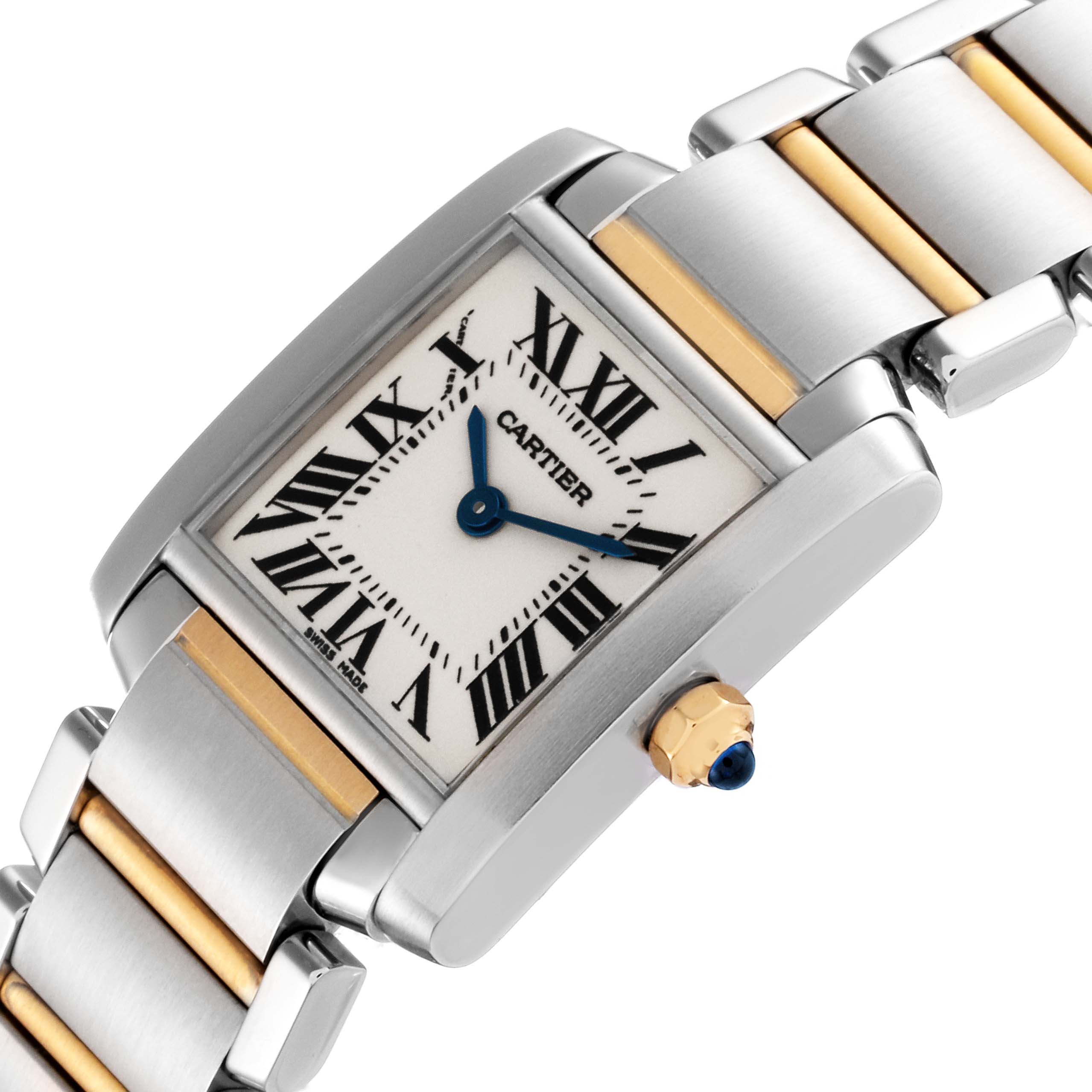 The image shows a close-up angle of the Cartier Tank Francaise W51007Q4 Women
s Steel and Gold (two tone) Silver Dial W51007Q4 Women
s Steel and Gold (two tone) Silver Dial model, highlighting the face, crown, and part of the band.