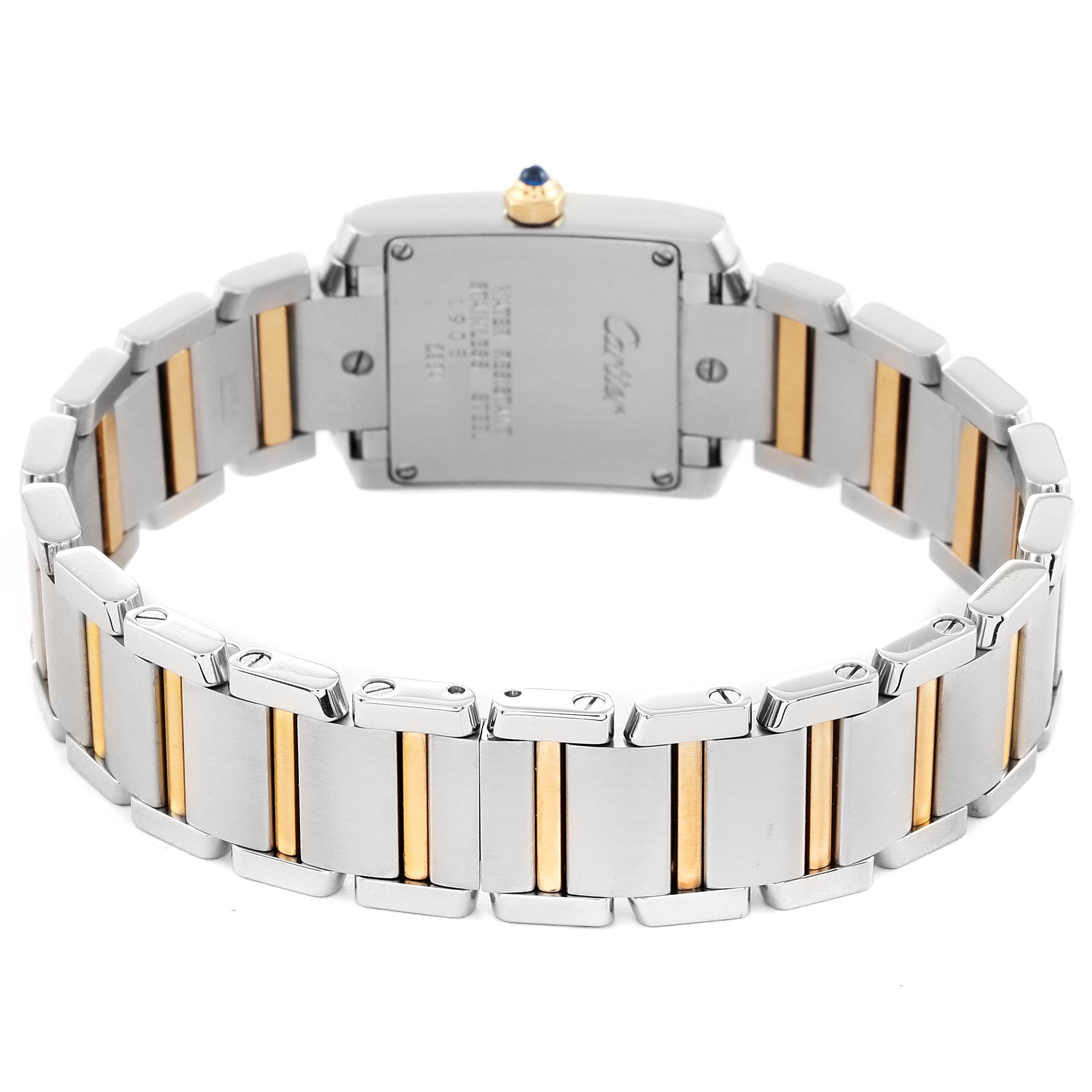 The image shows the back view of a Cartier Tank Francaise W51007Q4 Women
s Steel and Gold (two tone) Silver Dial W51007Q4 Women
s Steel and Gold (two tone) Silver Dial watch, including its case back and two-tone bracelet.
