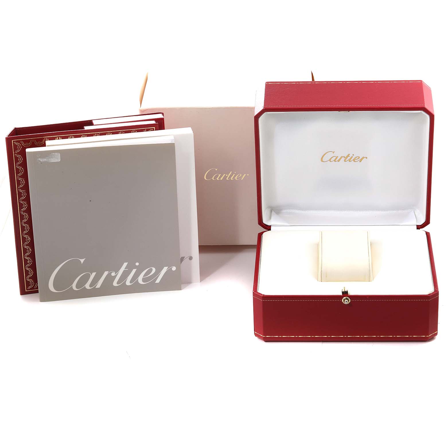 The image shows the packaging, a red watch case, and booklets for the Cartier Tank Francaise W51007Q4 Women
s Steel and Gold (two tone) Silver Dial W51007Q4 Women
s Steel and Gold (two tone) Silver Dial model.