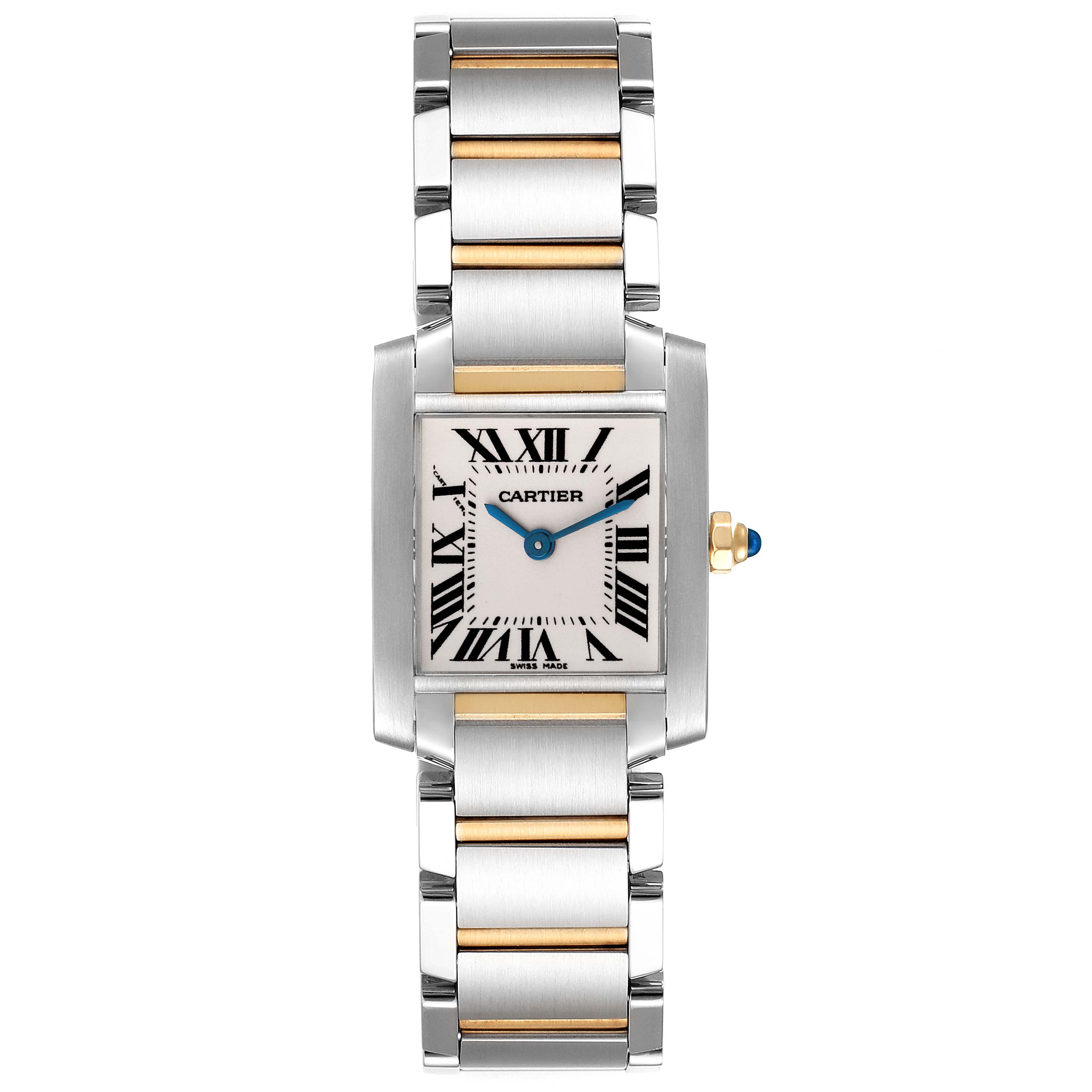 The image shows a front view of a Cartier Tank Française watch, displaying its dial, bracelet, and crown.
