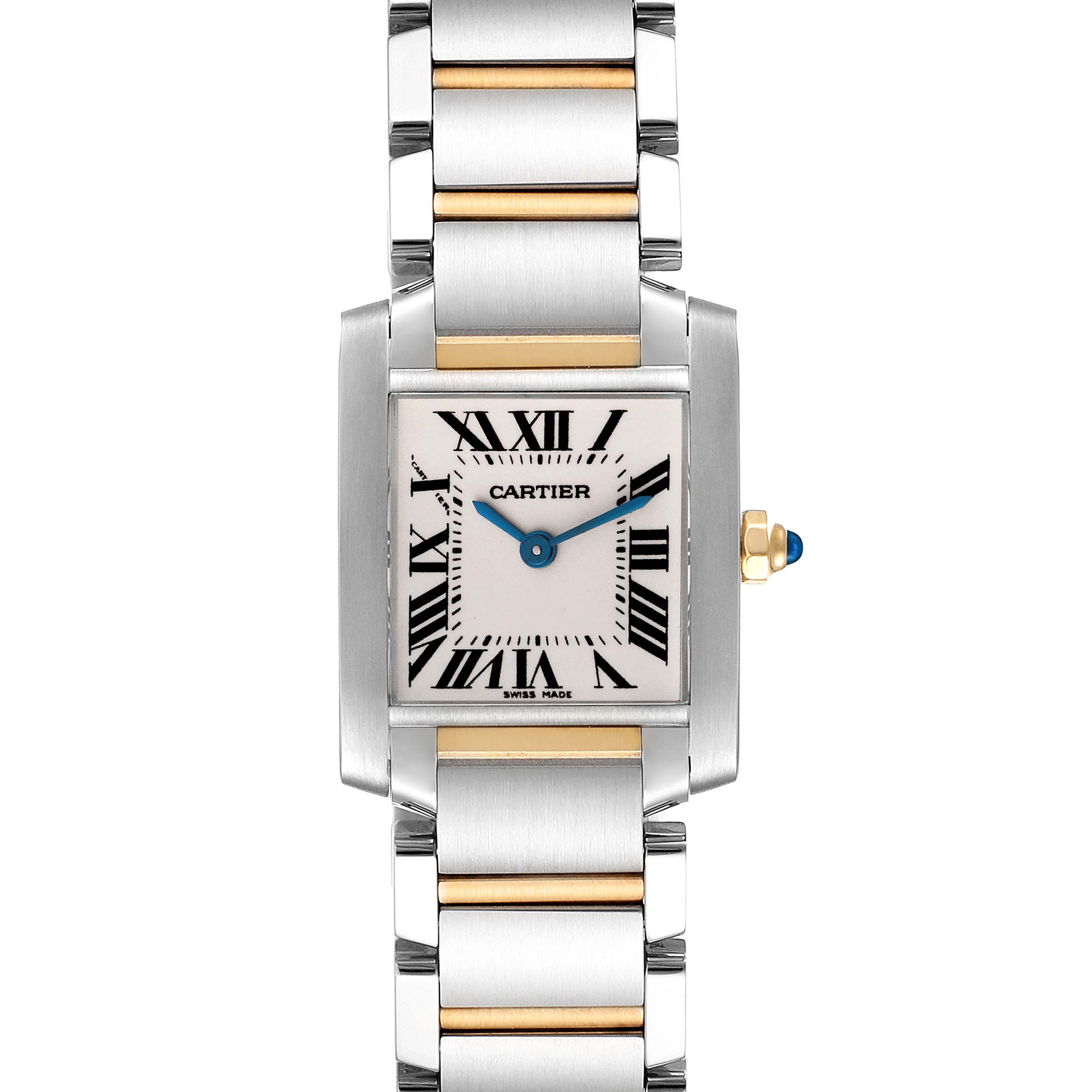 This is a front view of the Cartier Tank Francaise W51007Q4 Women
s Steel and Gold (two tone) Silver Dial W51007Q4 Women
s Steel and Gold (two tone) Silver Dial watch, displaying its face, case, and a portion of the bracelet.