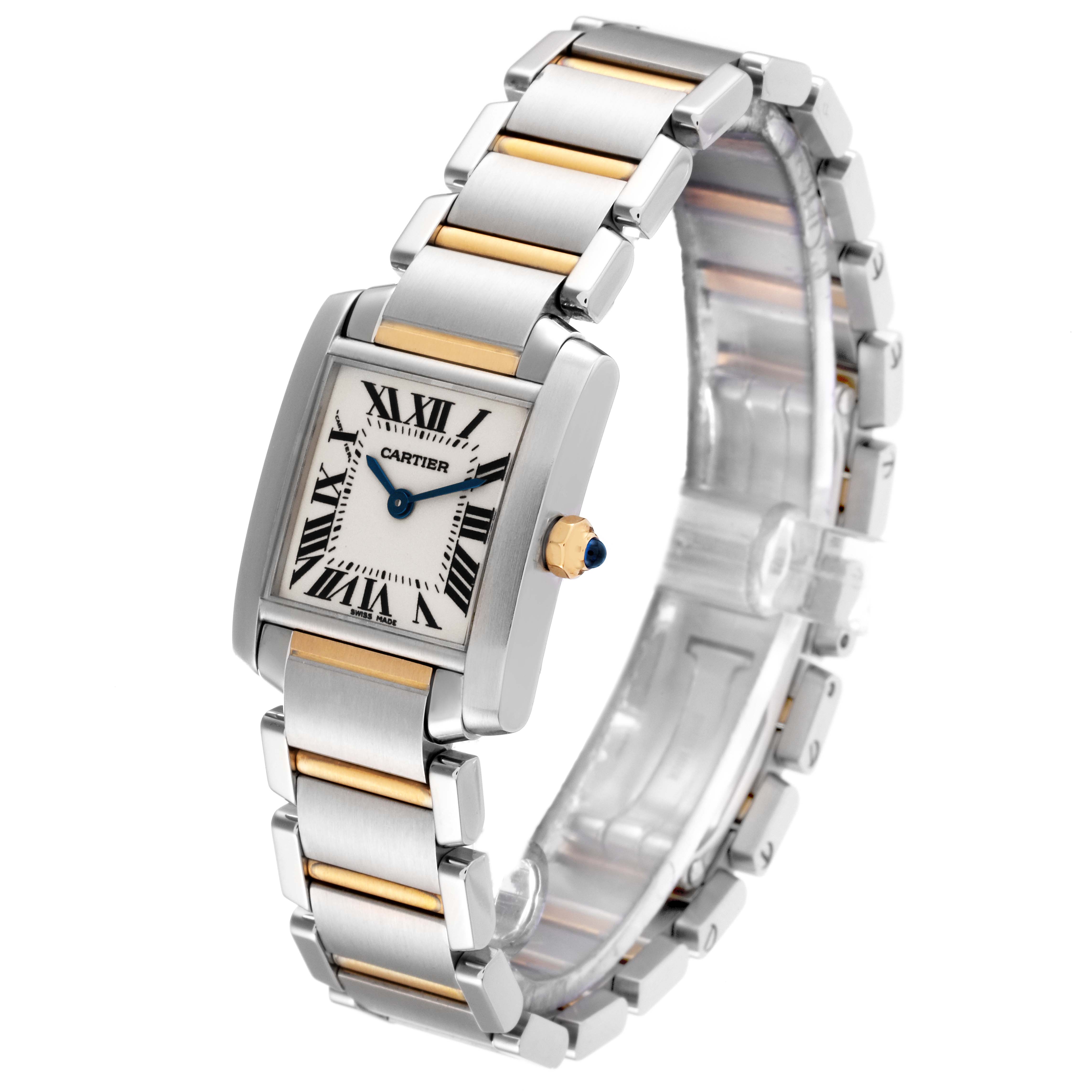 The image shows a Cartier Tank Francaise W51007Q4 Women
s Steel and Gold (two tone) Silver Dial W51007Q4 Women
s Steel and Gold (two tone) Silver Dial watch at a three-quarter angle, highlighting its bracelet and rectangular case.