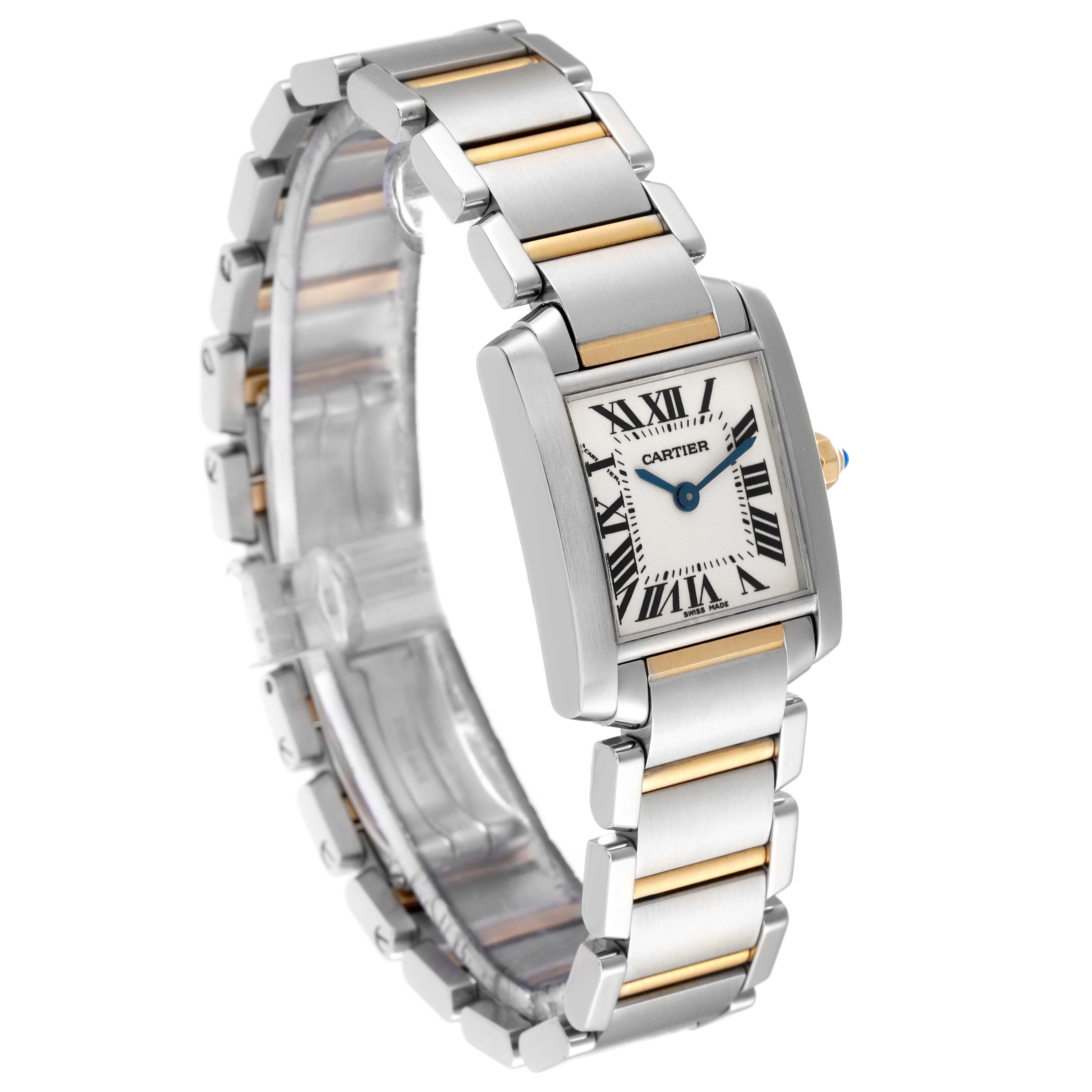 The image shows a Cartier Tank Francaise W51007Q4 Women
s Steel and Gold (two tone) Silver Dial W51007Q4 Women
s Steel and Gold (two tone) Silver Dial watch angled to display its face and band, highlighting the two-tone metal bracelet.