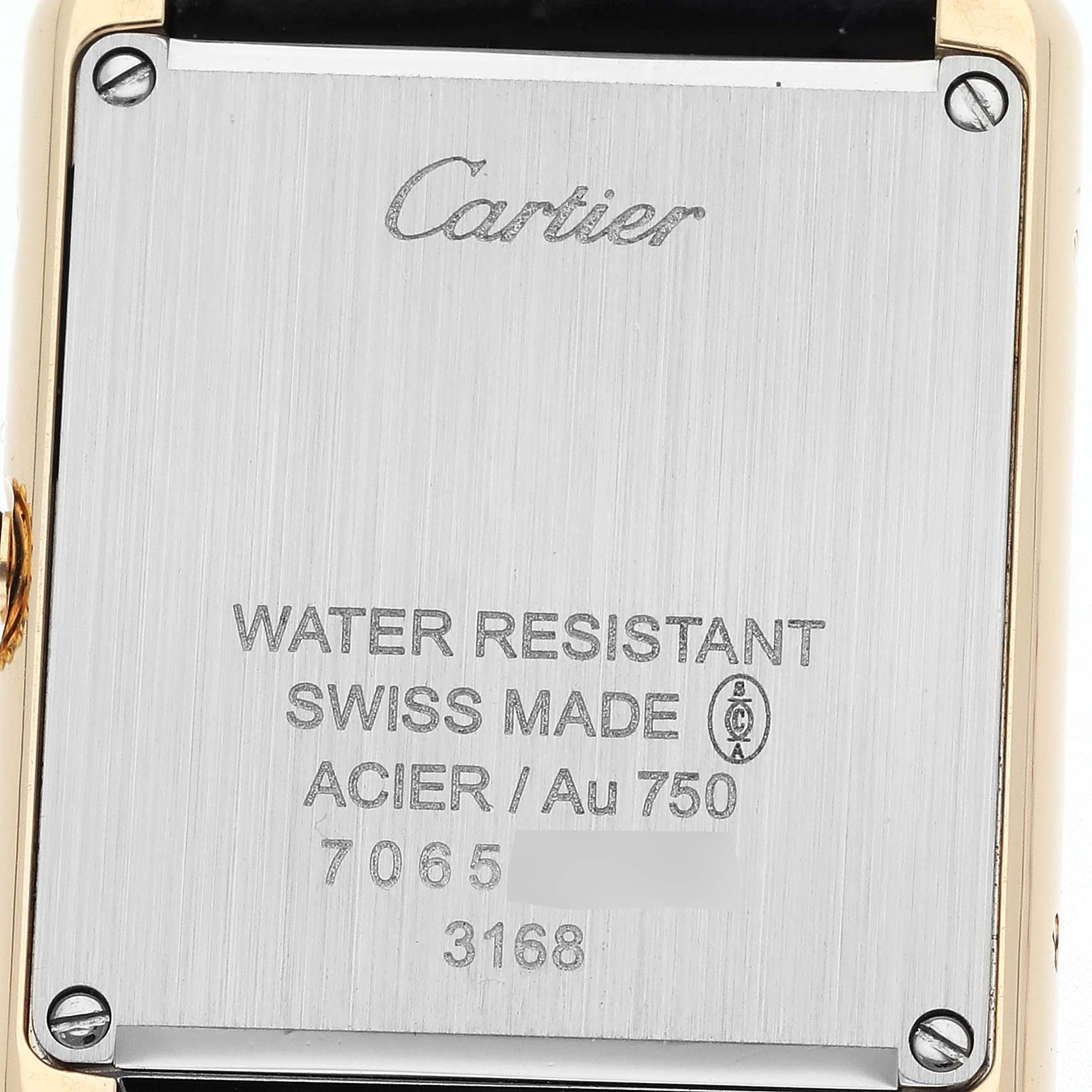 The image shows the back of a Cartier Tank Solo model number W5200002, highlighting water resistance, Swiss made details, and material information.
