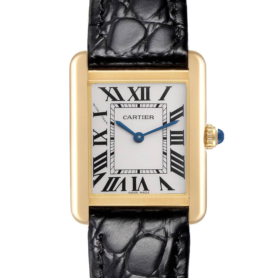 The image shows a Cartier Tank Solo model W5200002 men's watch from a top-down angle, displaying the face, Roman numerals, and leather strap.