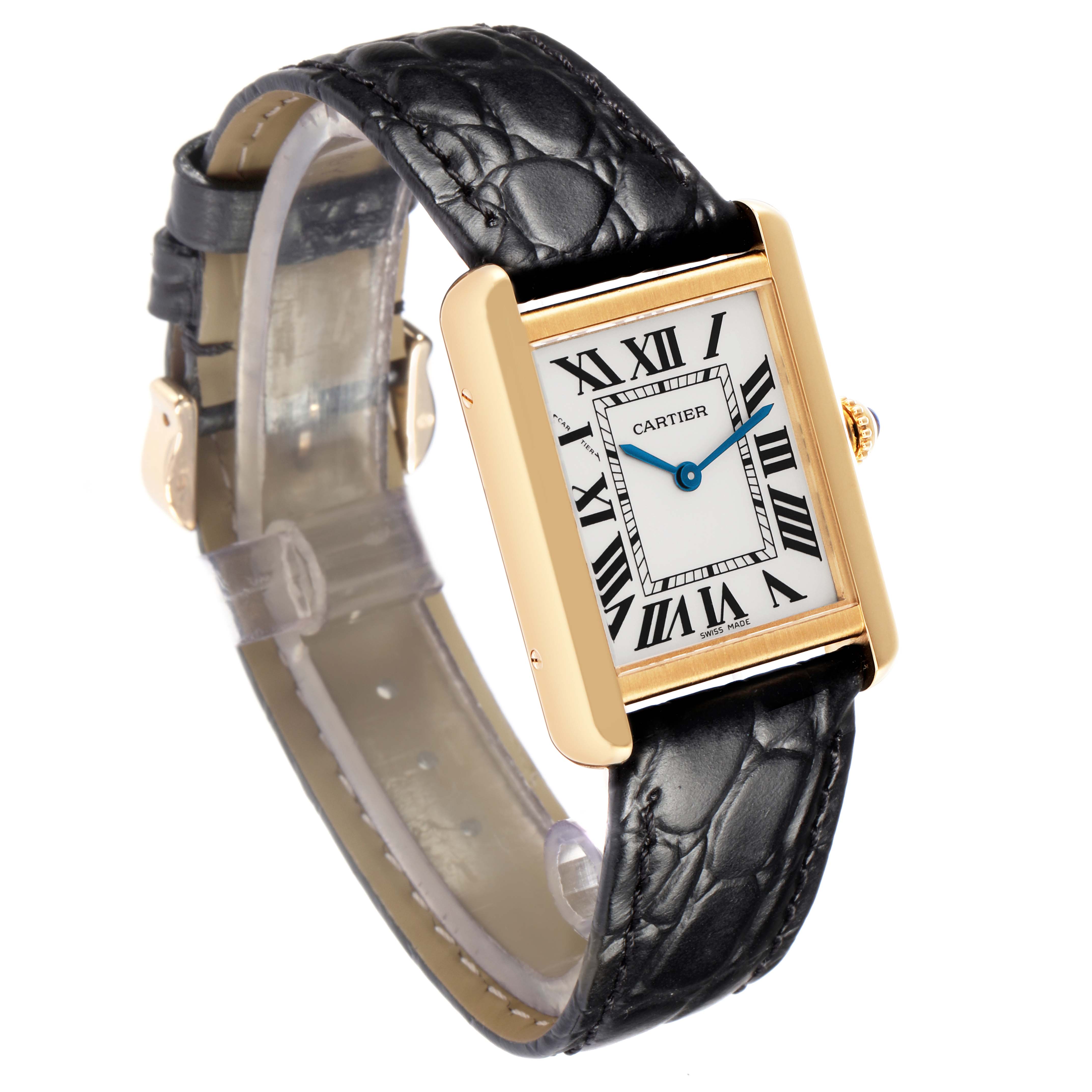 The Cartier Tank Solo W5200002 watch is shown at an angled view, highlighting its rectangular case, Roman numeral dial, and black leather strap.