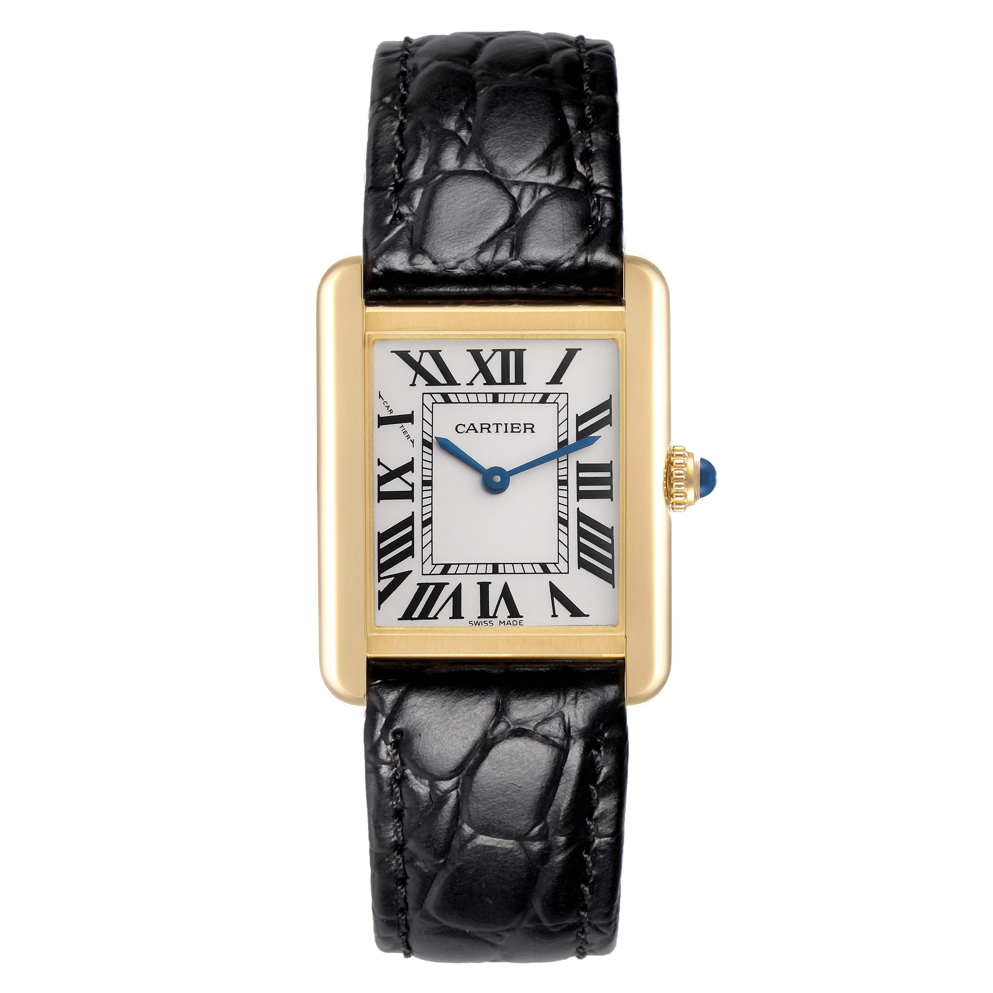 The Cartier Tank Solo model W5200002 is shown from the front, highlighting its rectangular case, Roman numeral dial, blue hands, and black leather strap.