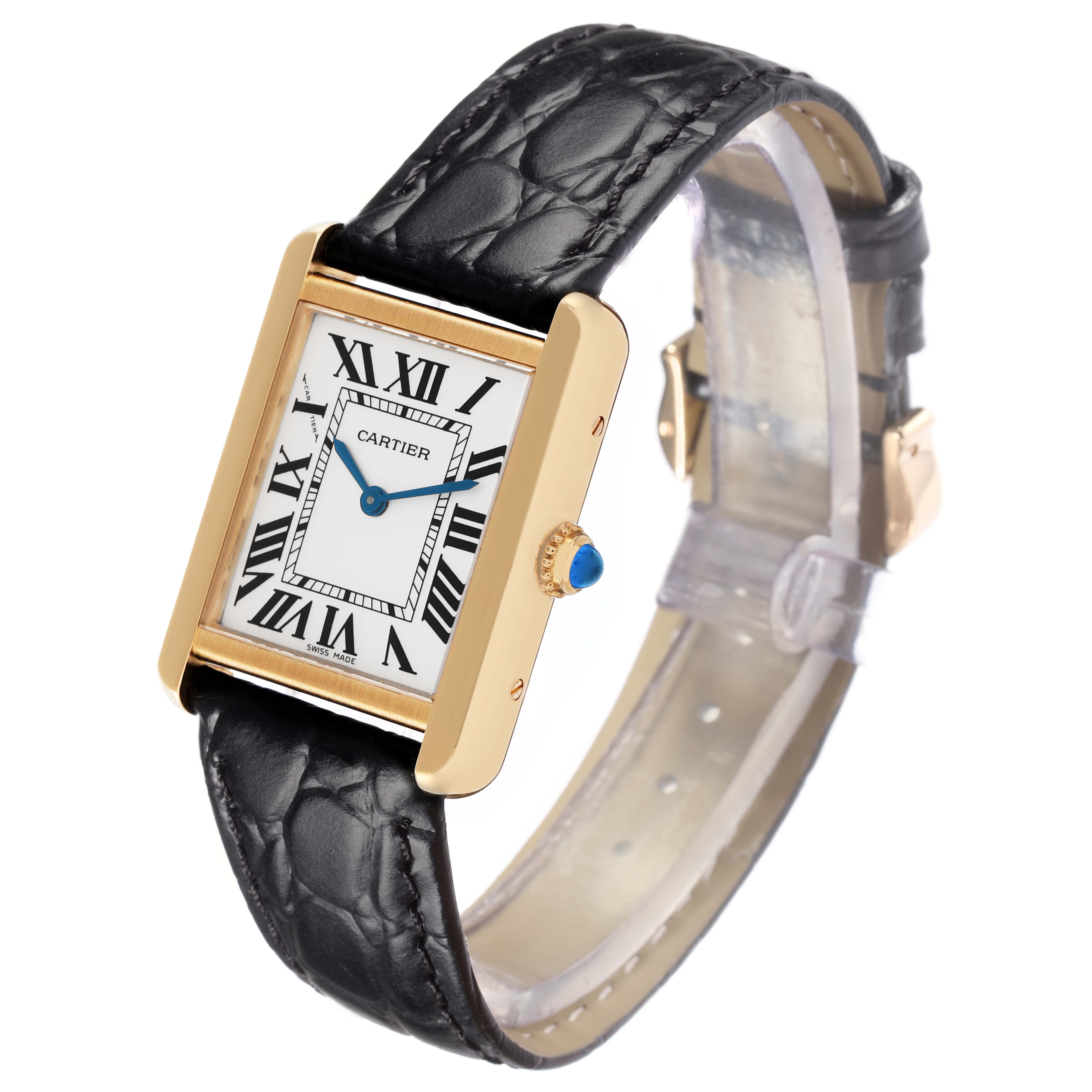 The Cartier Tank Solo model W5200002 is shown at an angled side view, highlighting its rectangular dial, Roman numerals, gold case, and black leather strap.