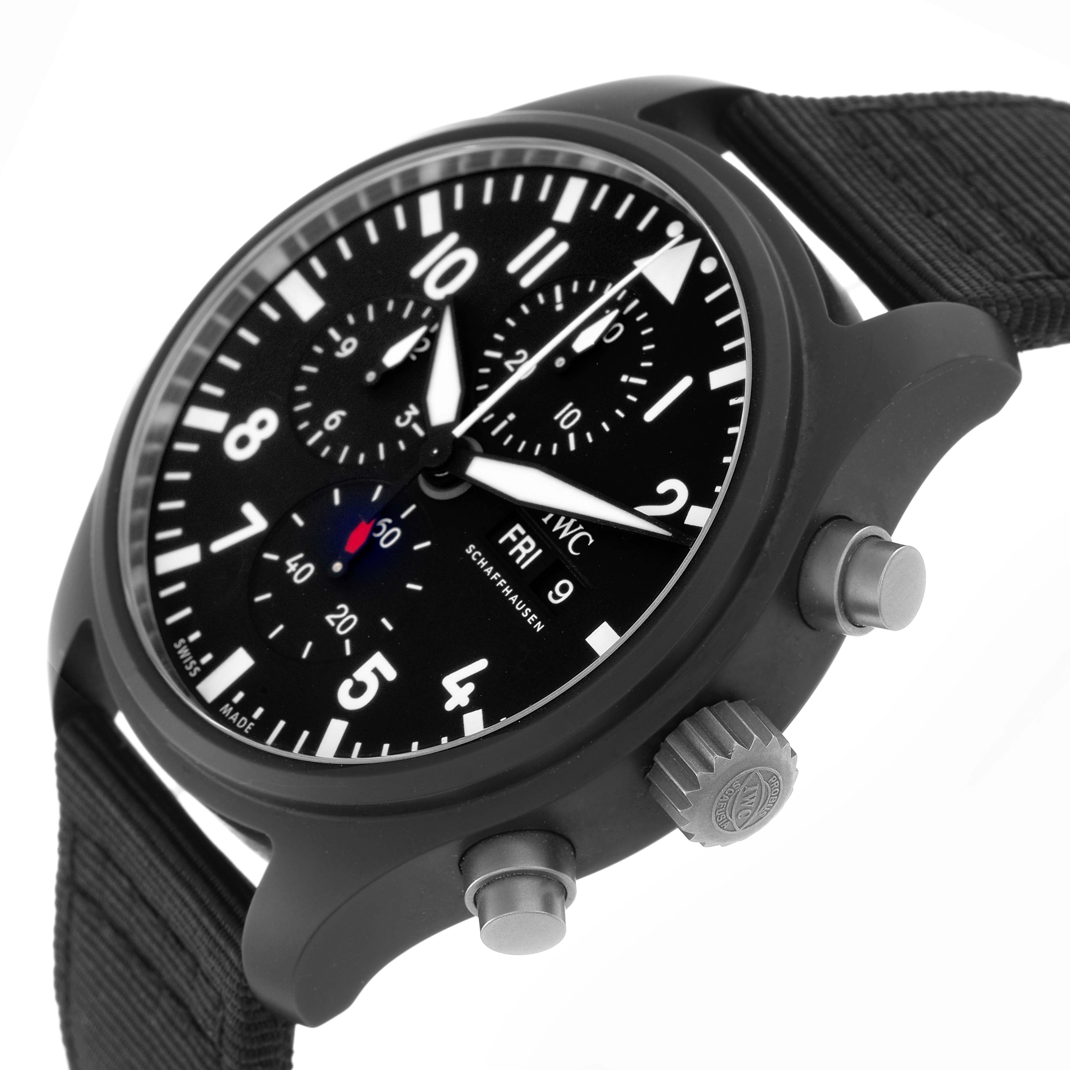 The IWC Pilot model IW389101 watch is shown at a slight angle, displaying the face, chronograph sub-dials, date window, and side view of the crown and pushers.
