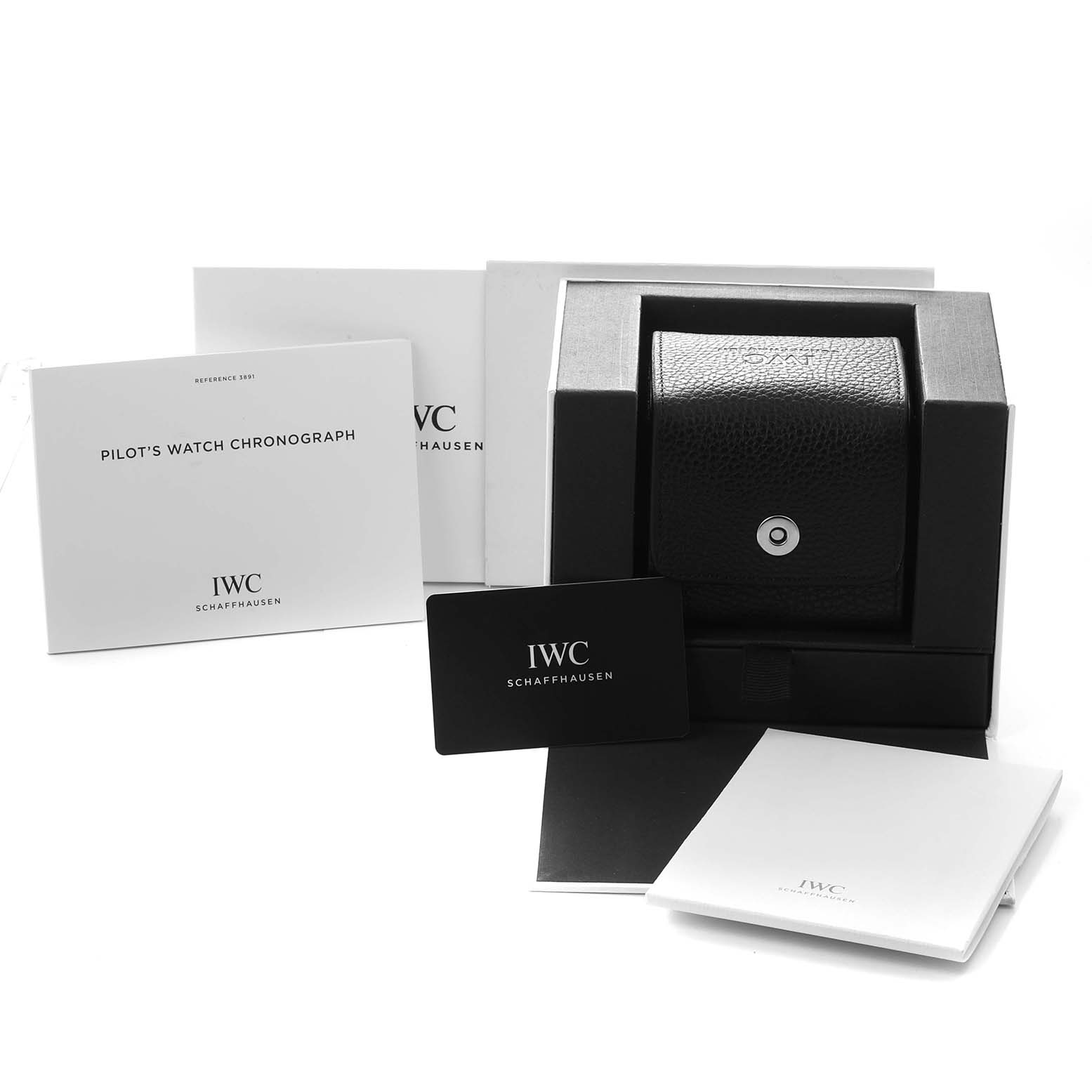 The image shows the IWC Pilot model IW389101 watch packaging, including a black leather case, manuals, and a warranty card.