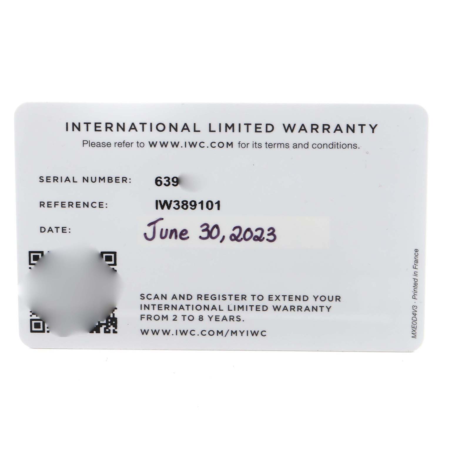The image shows an International Limited Warranty card for the IWC Pilot model IW389101 men's watch.