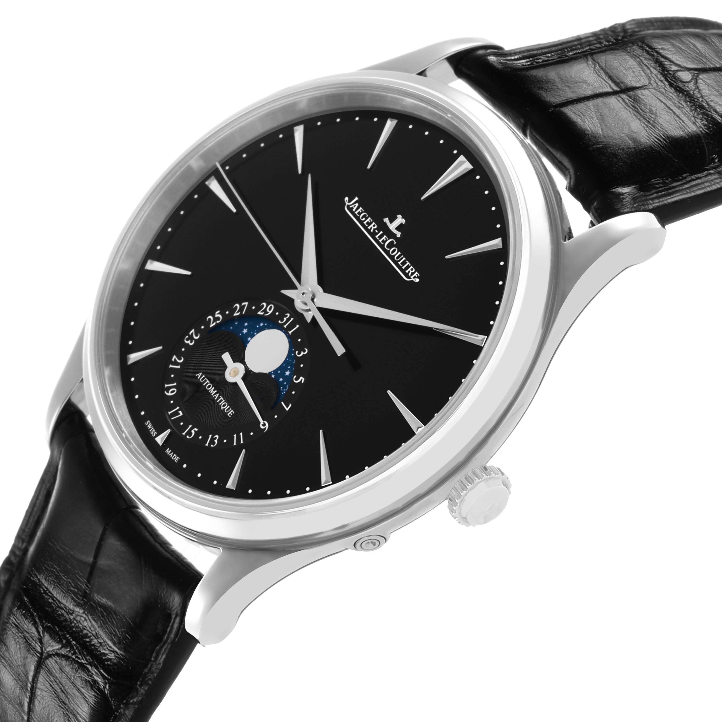 The Jaeger-LeCoultre Master watch is shown at a slight angle, displaying the dial, moon phase, and crown on a leather strap.