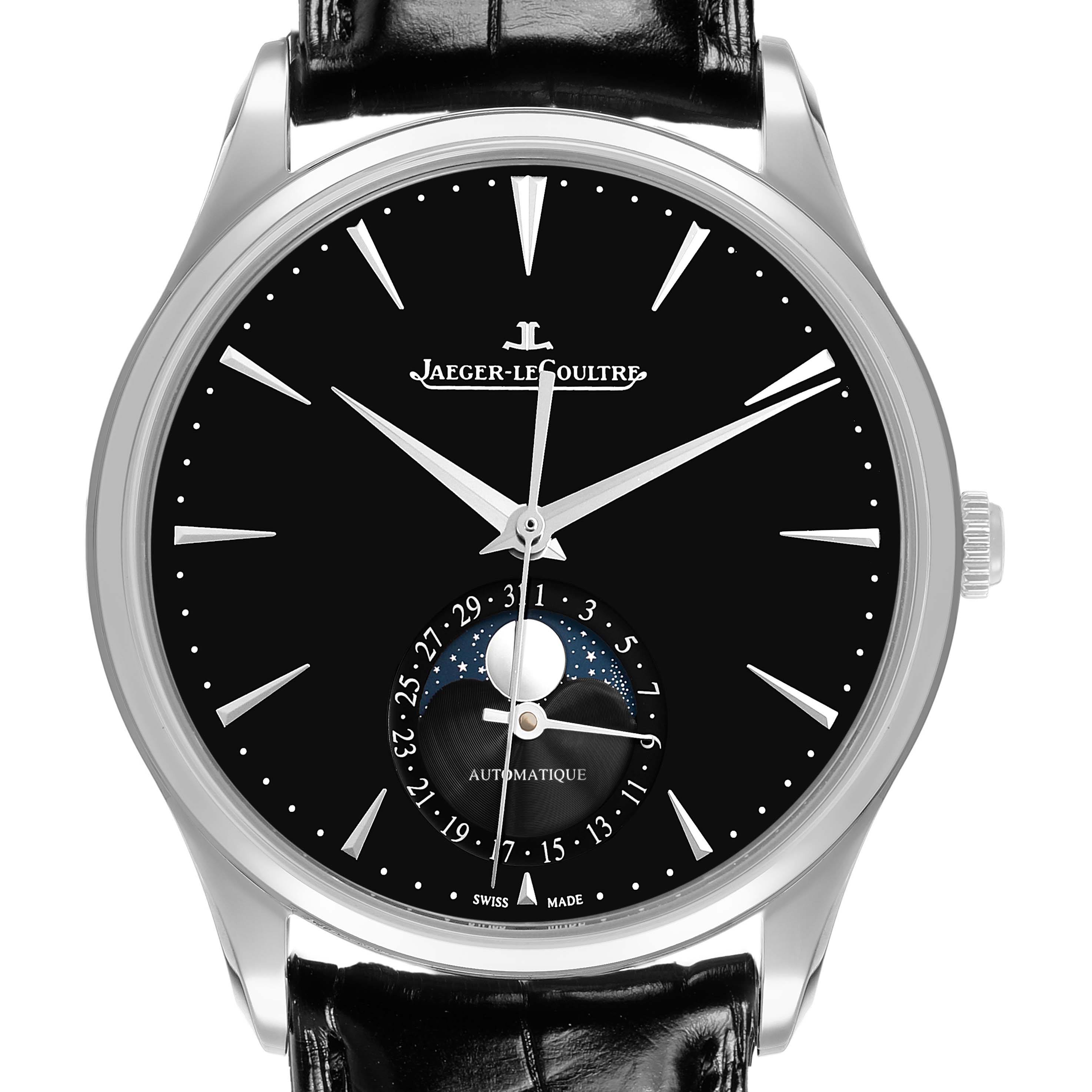 The Jaeger LeCoultre Master Q1368471 Men's Stainless Steel Black Dial watch is shown from a front angle, highlighting its dial, hands, and moon phase complication.