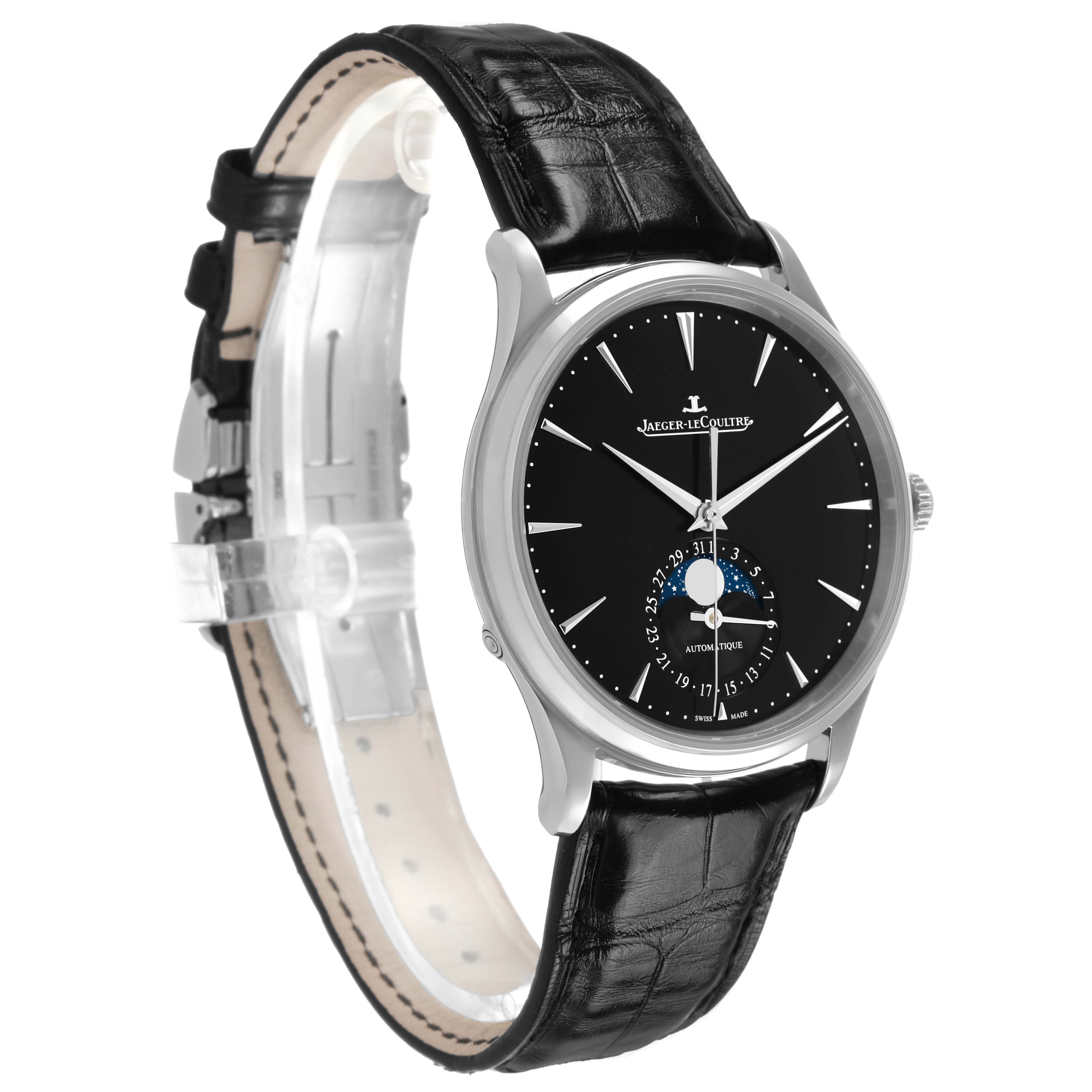 The Jaeger-LeCoultre Master watch is shown at a three-quarter angle, highlighting the dial, strap, and moonphase detail.