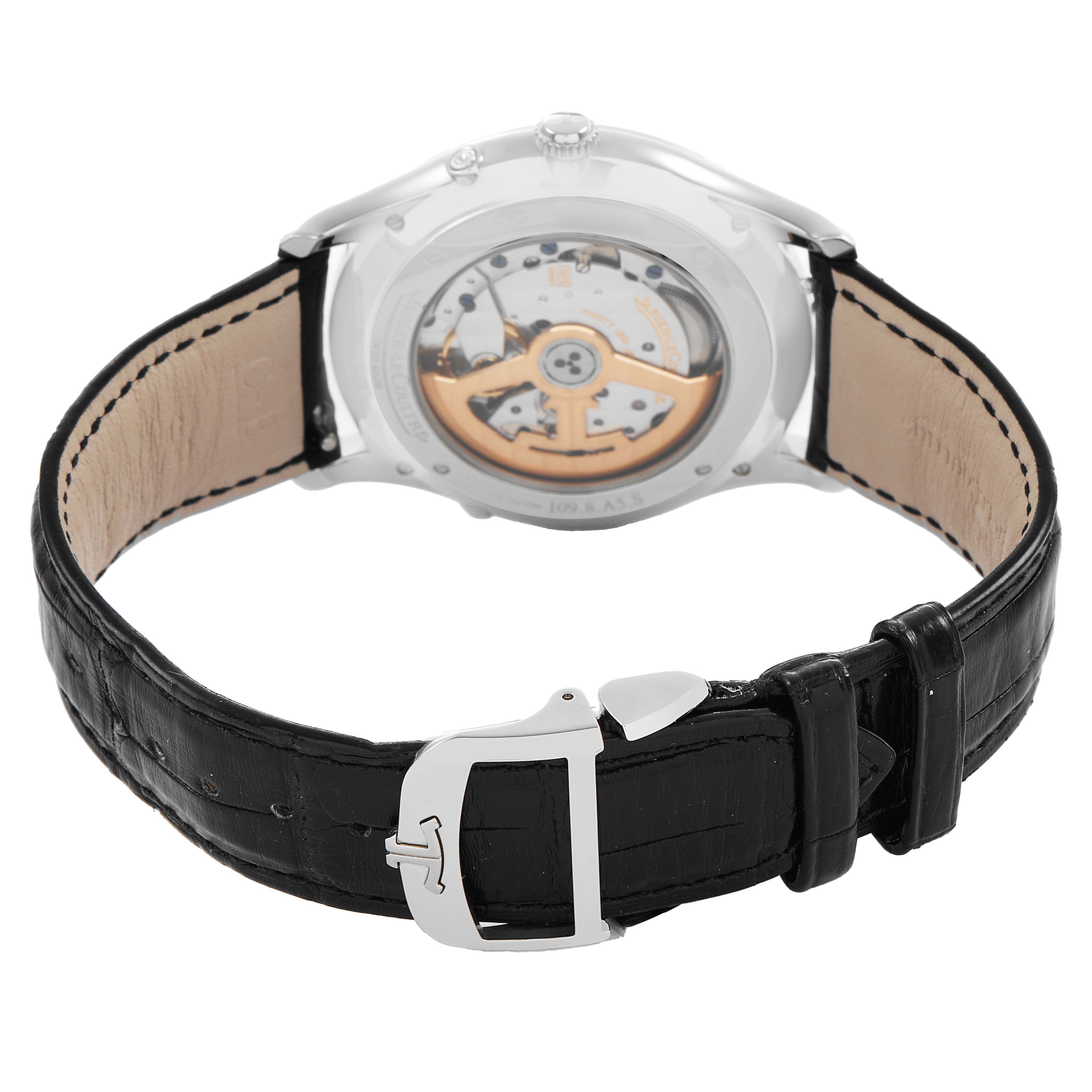The Jaeger LeCoultre Master Q1368471 Men's Stainless Steel Black Dial watch is shown from the back, revealing the movement through the transparent case back and the black leather strap.
