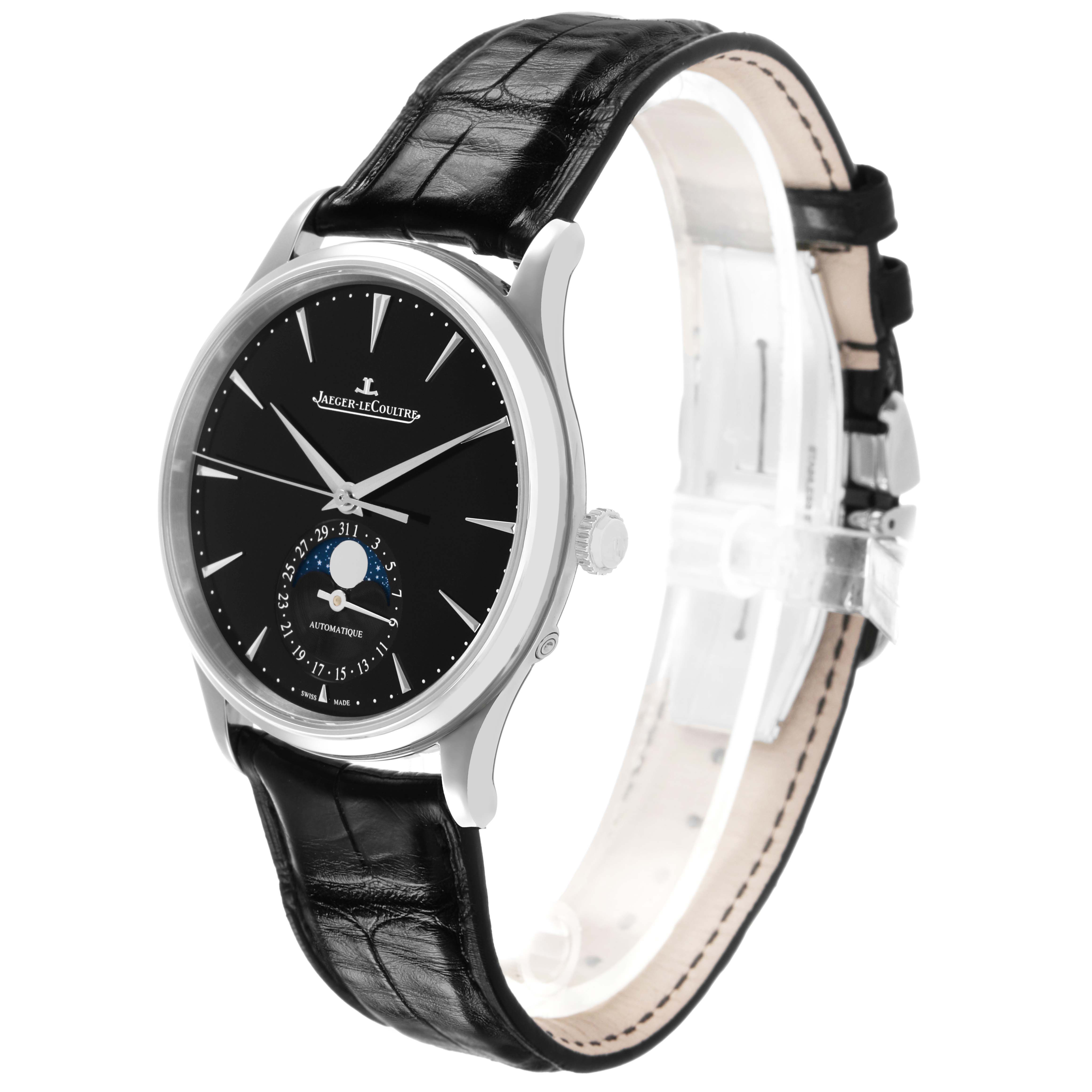 The Jaeger-LeCoultre Master model watch is shown at an angled side view with a black leather strap and a moon phase dial.