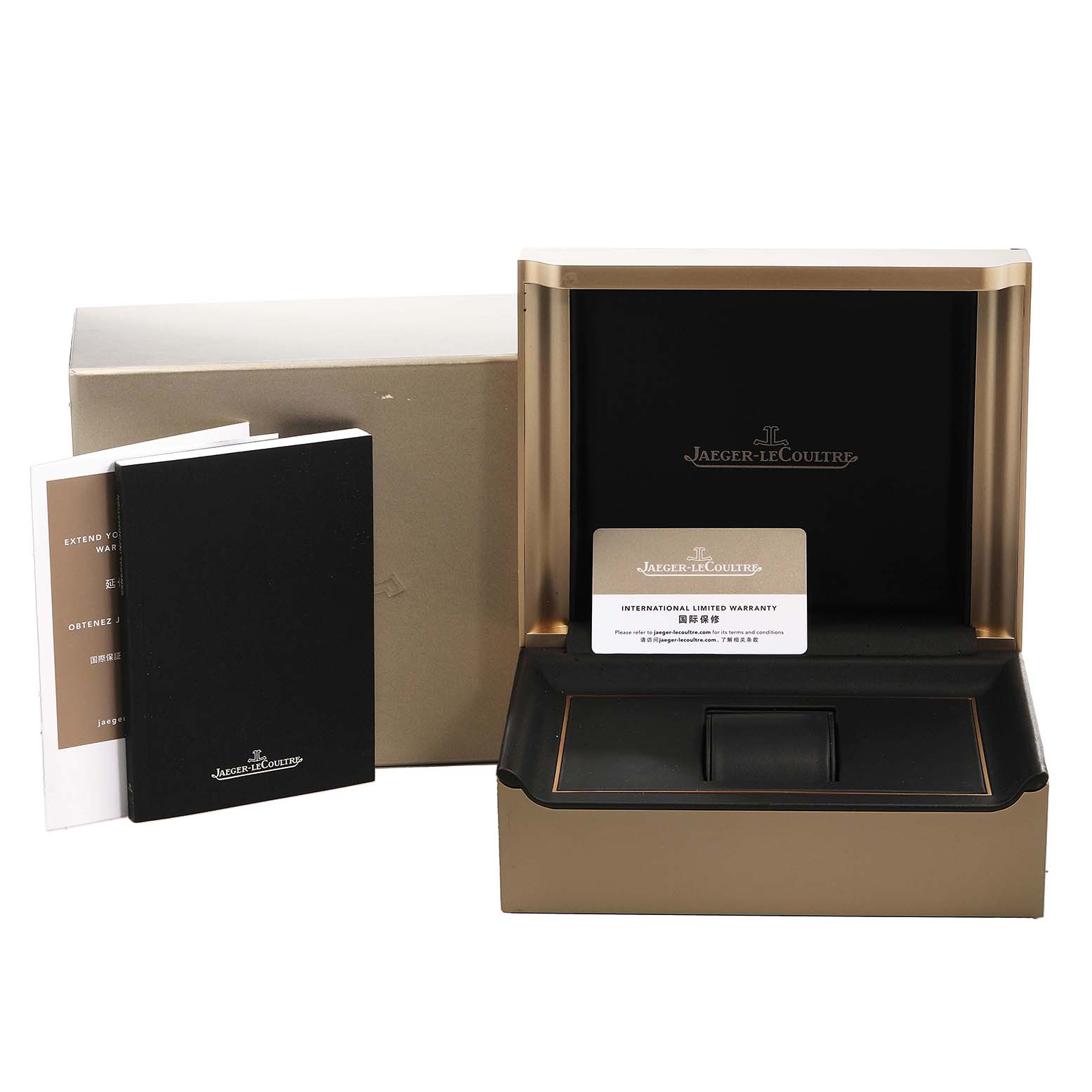 The image shows an angled open box for the Jaeger-LeCoultre Master model, with warranty cards and booklets included.