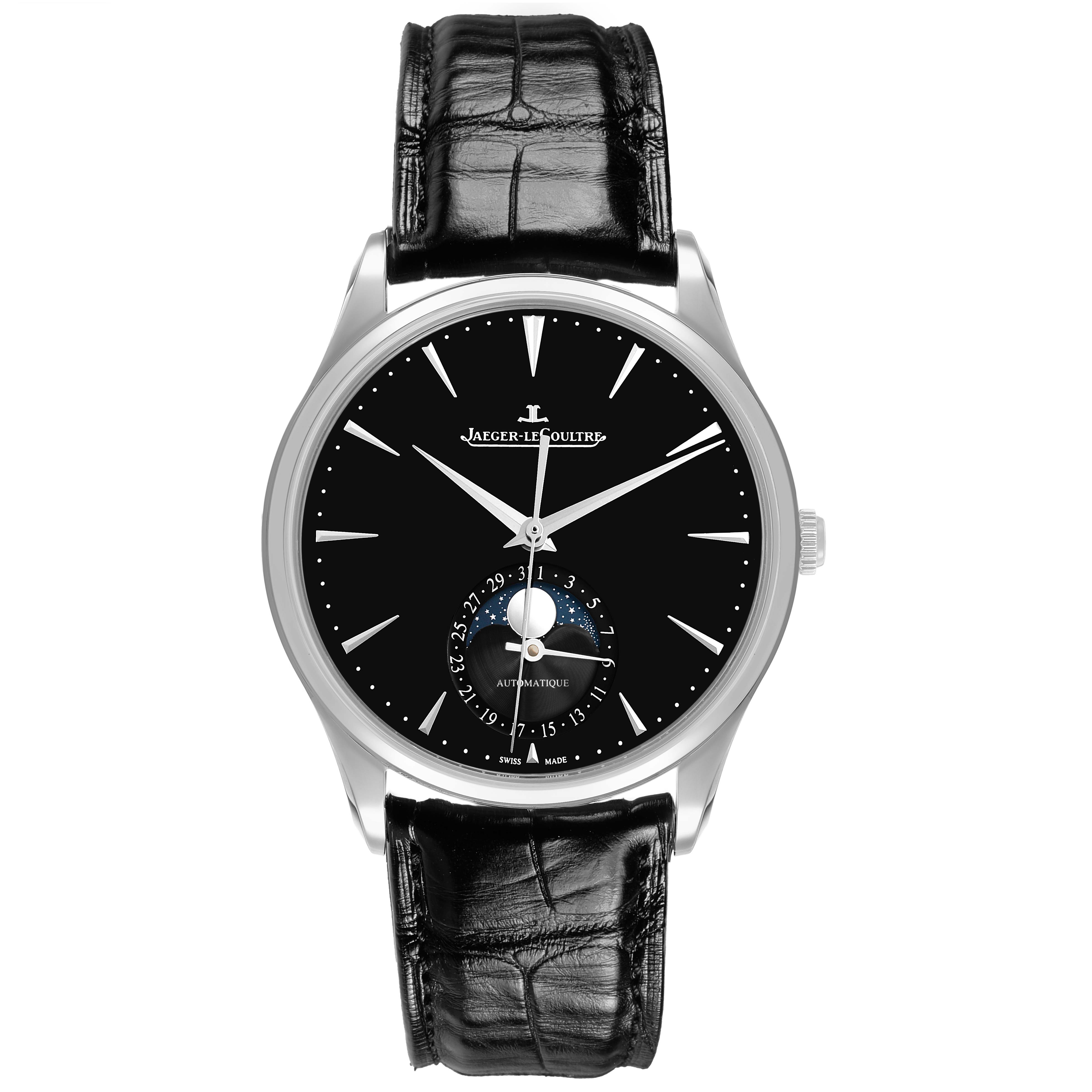 The Jaeger-LeCoultre Master watch is shown from the front, highlighting the dial, moon phase, and black leather strap.
