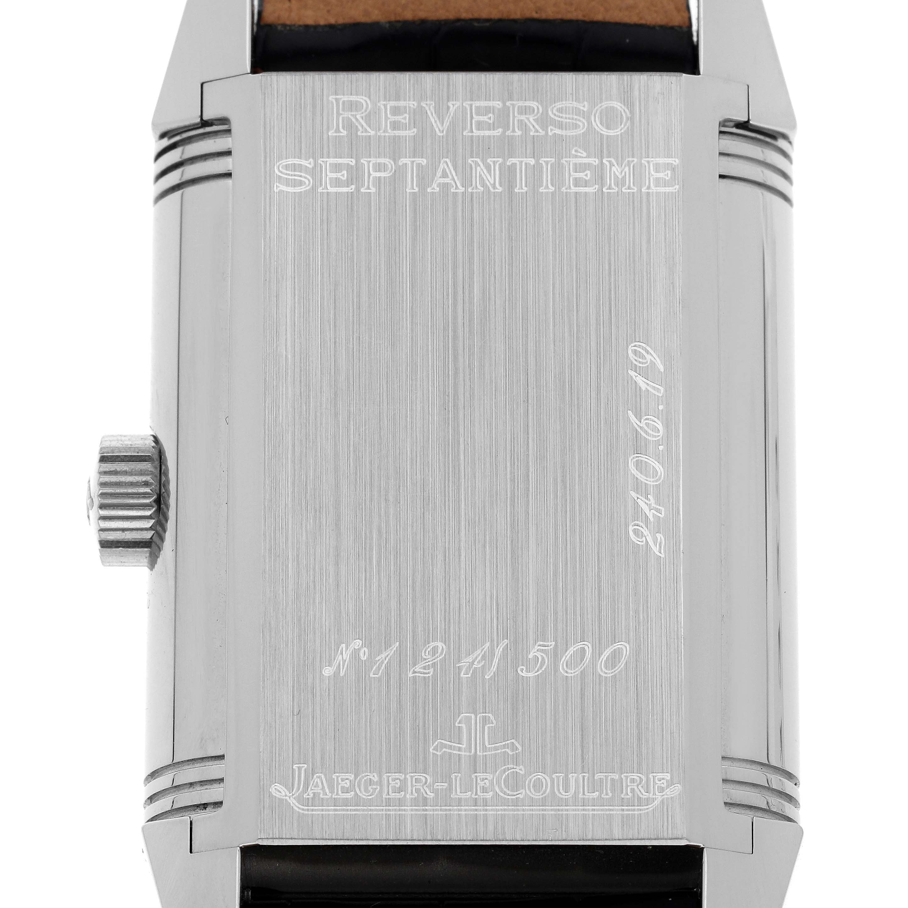 This image shows the back case of a Jaeger-LeCoultre Reverso Septantième watch from a direct rear angle, highlighting its engravings.