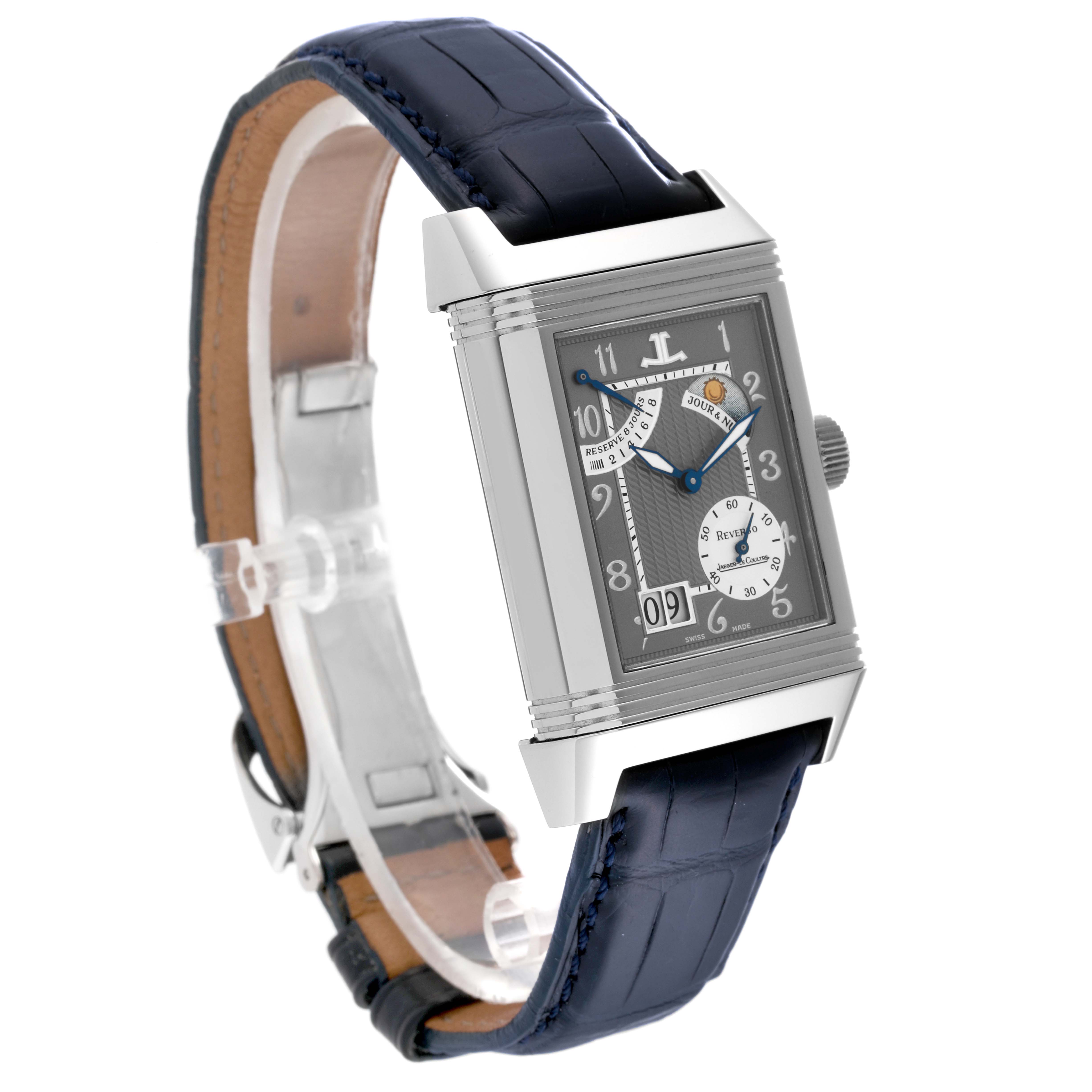 The image shows a Jaeger-LeCoultre Reverso watch viewed from a slight angle with the face, case, and strap clearly visible.