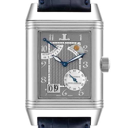 The image shows a close-up frontal view of the Jaeger-LeCoultre Reverso watch, displaying its dial and crown.