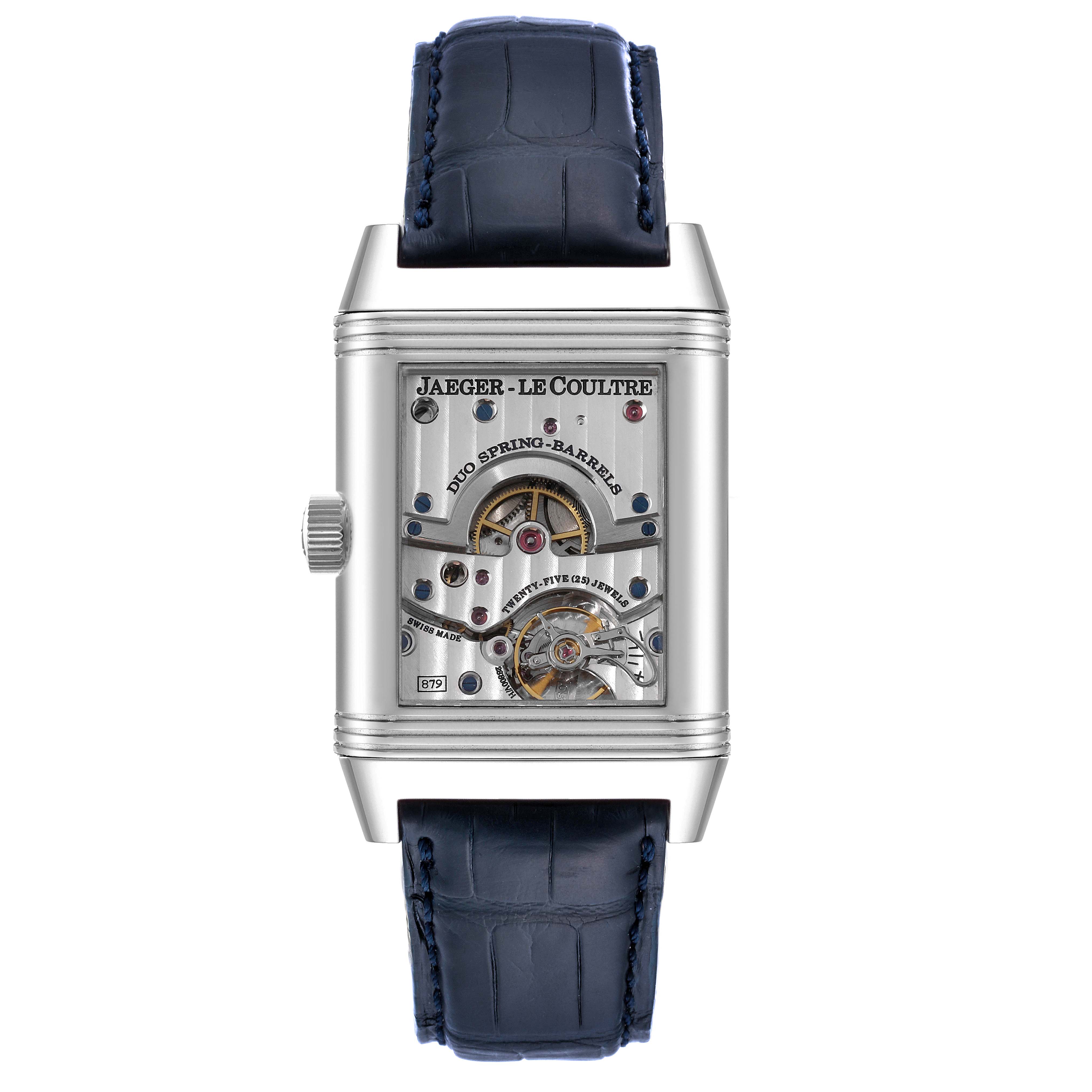 This image shows a front view of the Jaeger-LeCoultre Reverso watch, highlighting its intricate mechanical details and blue leather strap.