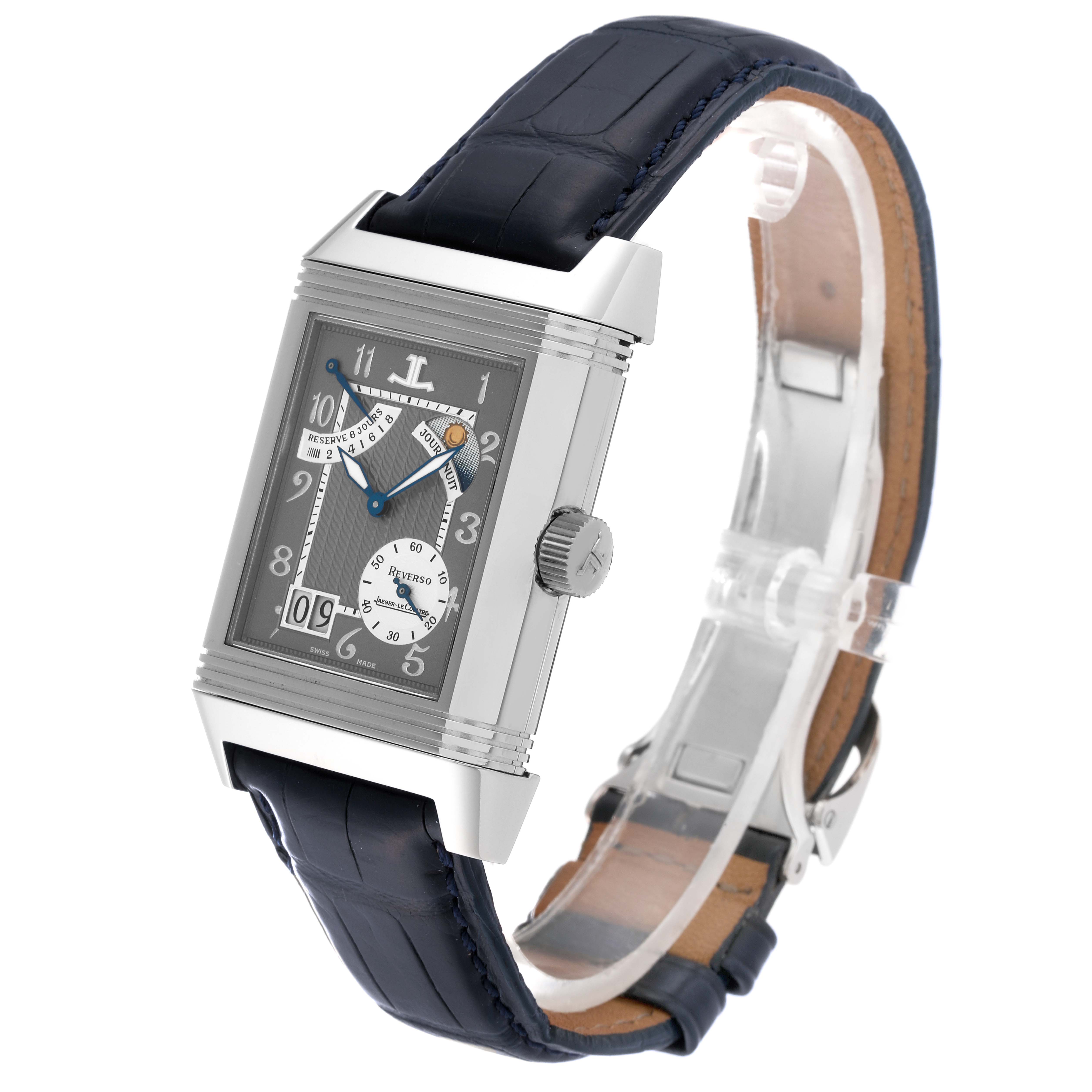 The image shows a Jaeger LeCoultre Reverso 240.6.19 Men's Platinum Silver Dial 240.6.19 Men's Platinum Silver Dial watch at a slight angle, displaying its face, case, crown, and leather strap.