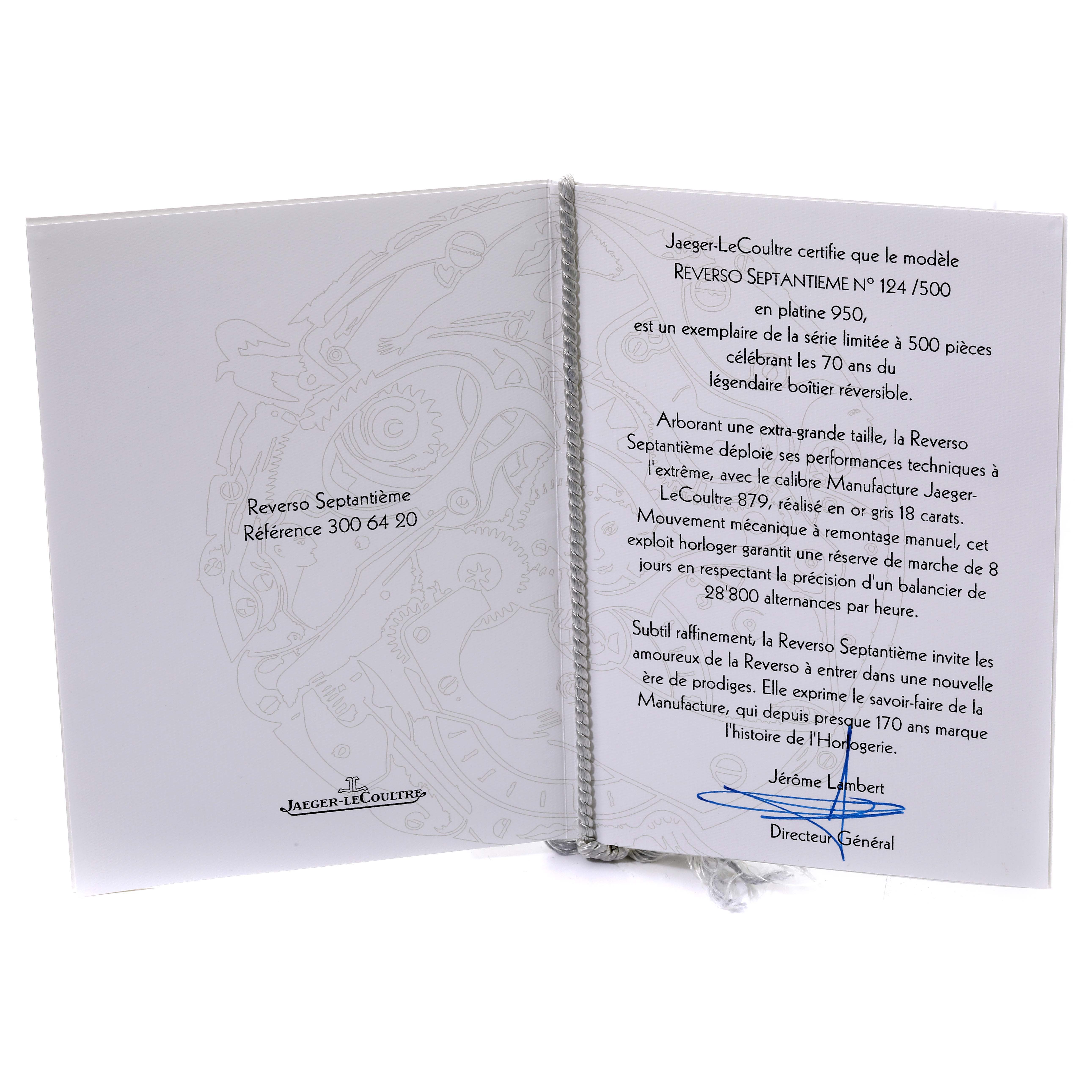The image shows the documentation booklet for the Reverso model by Jaeger LeCoultre, featuring descriptive text and a signature.