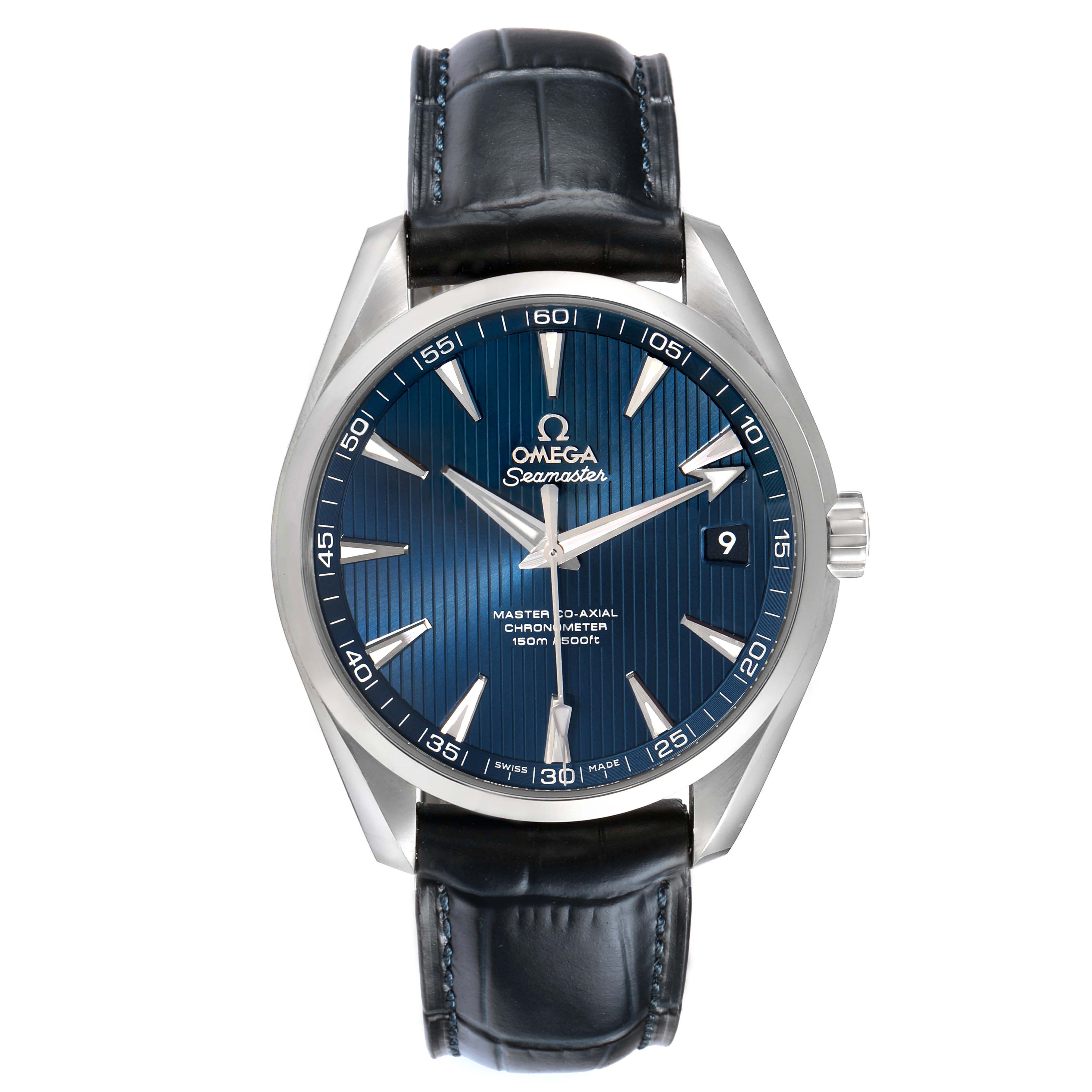 The Omega Aqua Terra 231.13.42.21.03.001 Men's Stainless Steel Blue Dial watch is shown from the front, displaying the face, hands, markers, and strap.