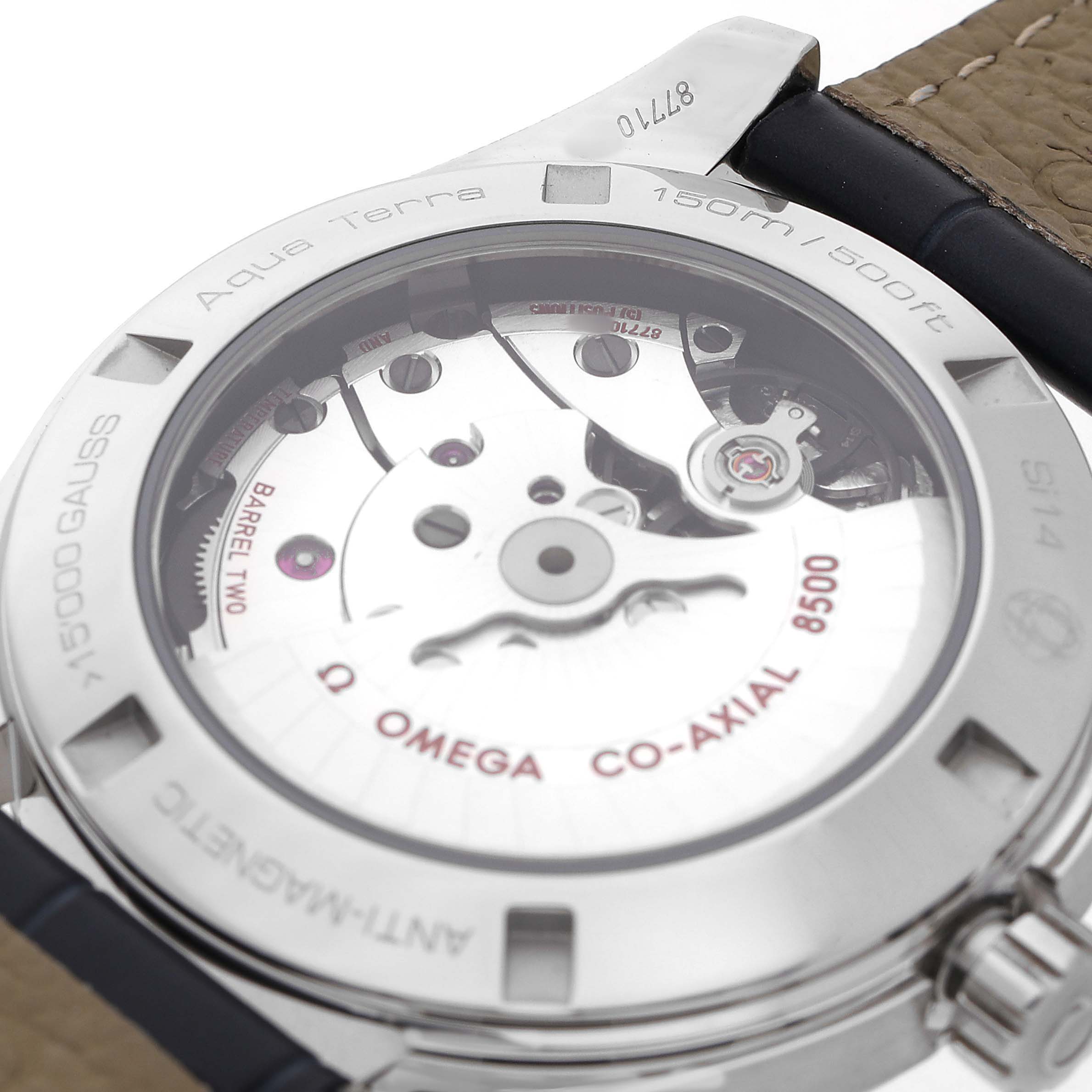 The image shows the back of the Omega Aqua Terra 231.13.42.21.03.001 Men's Stainless Steel Blue Dial watch, highlighting the movement and "Co-Axial 8500" text.