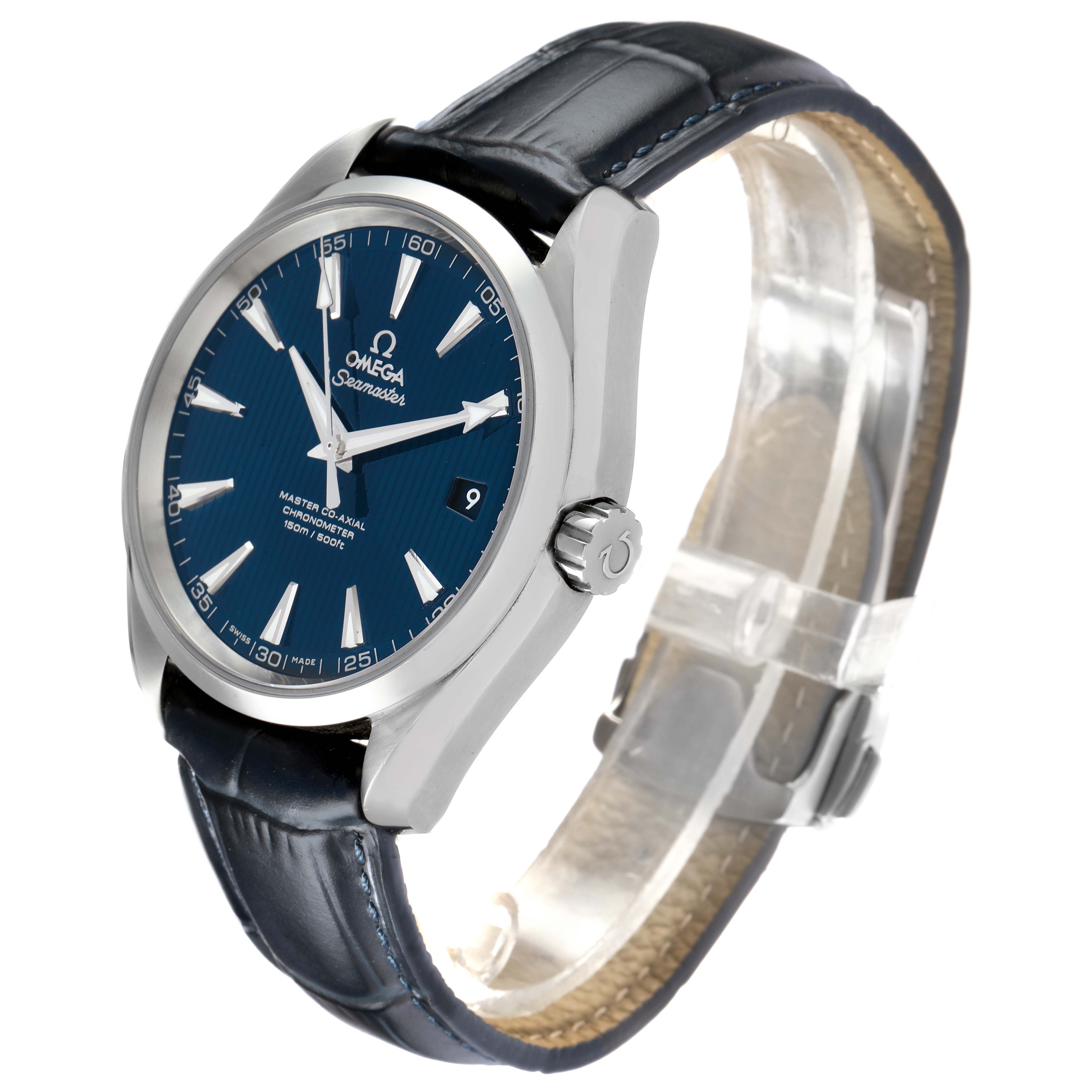 The Omega Aqua Terra 231.13.42.21.03.001 Men's Stainless Steel Blue Dial watch is shown at a slight angle, featuring its blue dial, silver hands, crown, and leather strap.
