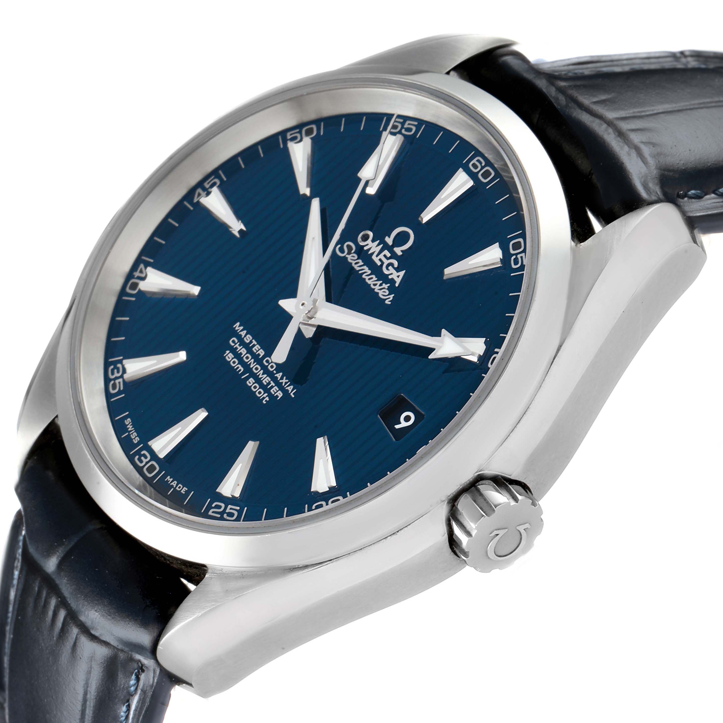 The Omega Aqua Terra 231.13.42.21.03.001 Men's Stainless Steel Blue Dial watch is shown at a slight angle, highlighting the blue dial, stainless steel case, crown, and leather strap.