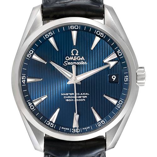 The Omega Aqua Terra 231.13.42.21.03.001 Men's Stainless Steel Blue Dial watch is shown from a front view, highlighting its blue dial, indices, date window, and crown.