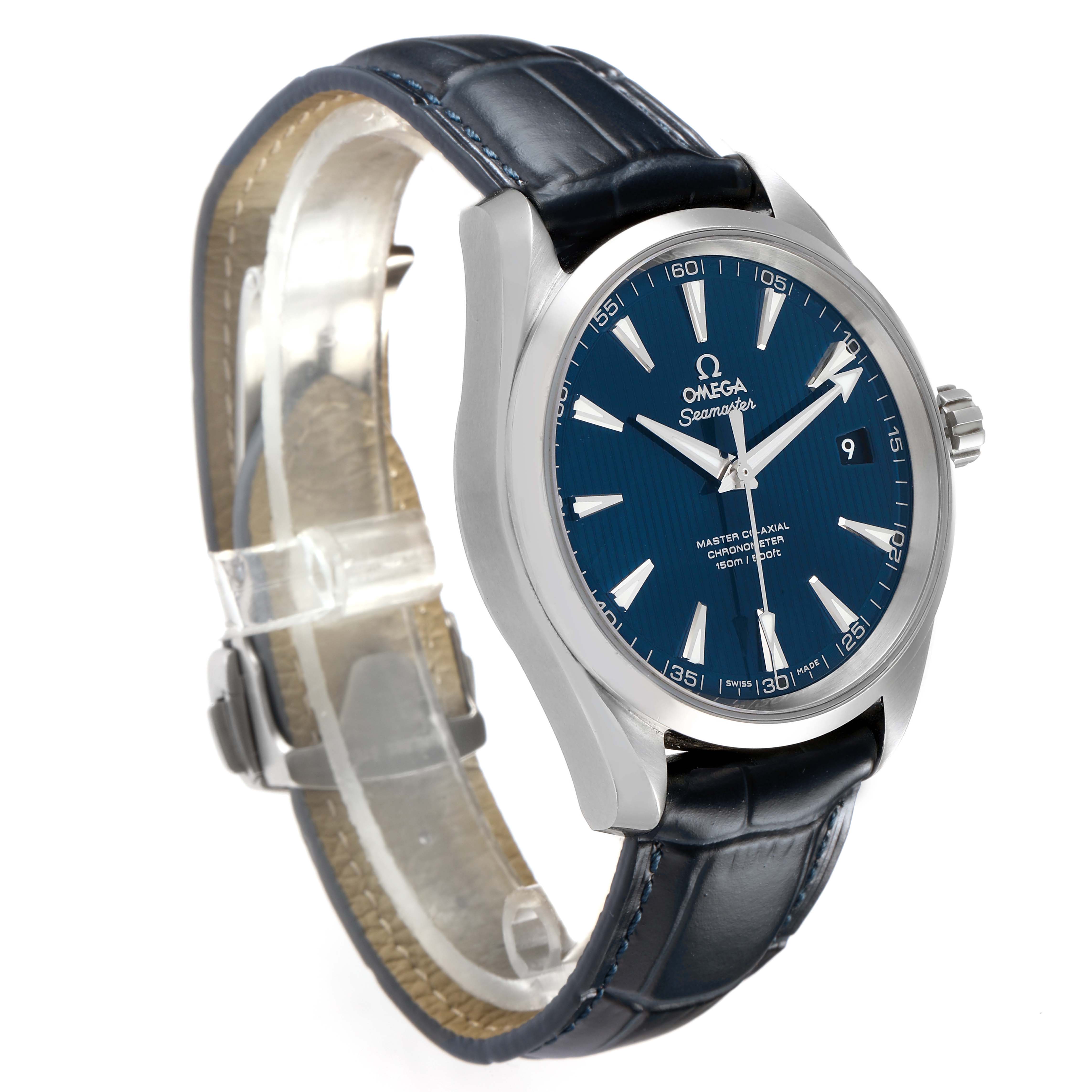 The Omega Aqua Terra 231.13.42.21.03.001 Men's Stainless Steel Blue Dial watch is shown from a three-quarter angle, highlighting its blue dial, silver bezel, and leather strap.