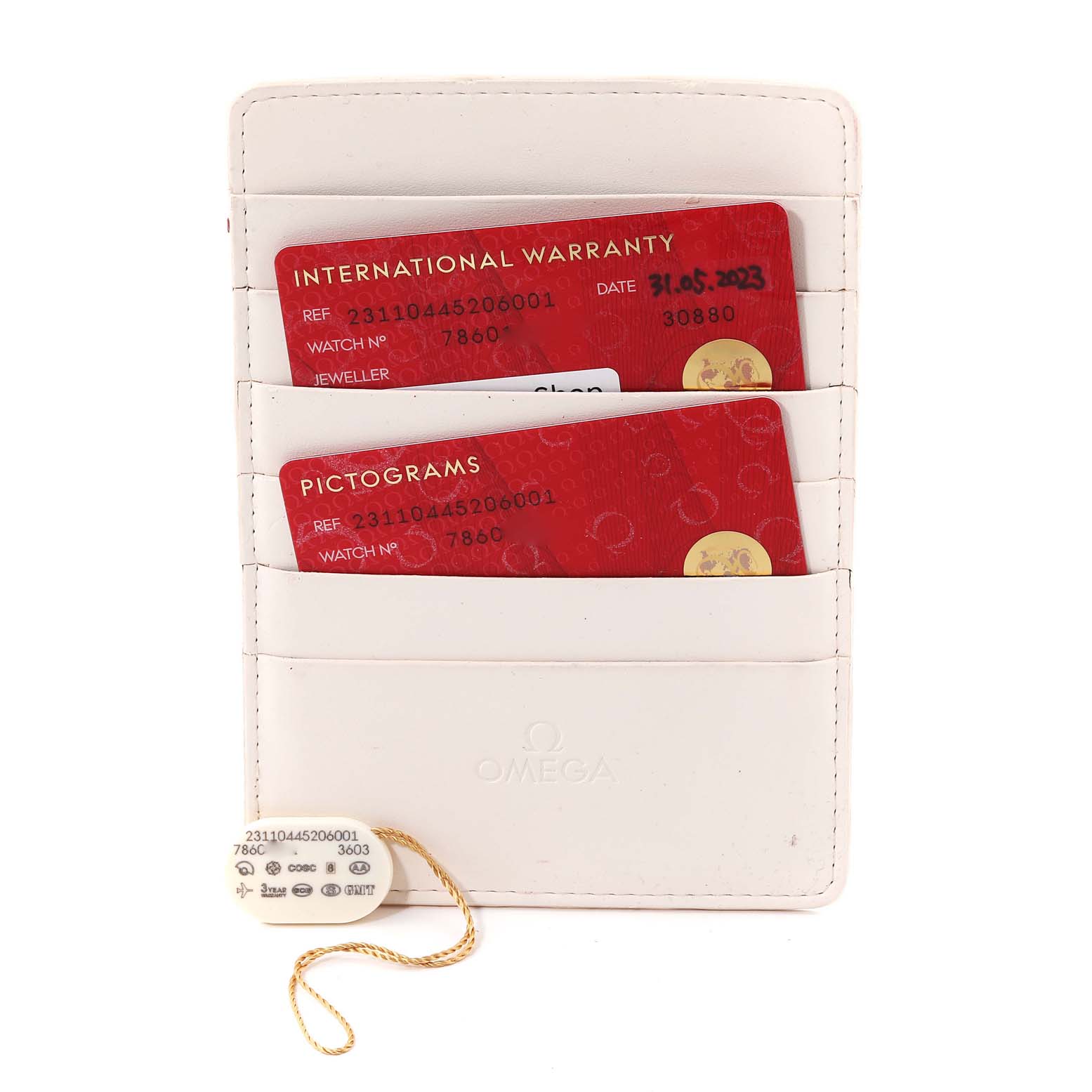 The image shows Omega Aqua Terra 231.10.44.52.06.001 Men's Stainless Steel Grey Dial 231.10.44.52.06.001 Men's Stainless Steel Grey Dial model warranty and pictograms cards in a white Omega cardholder.