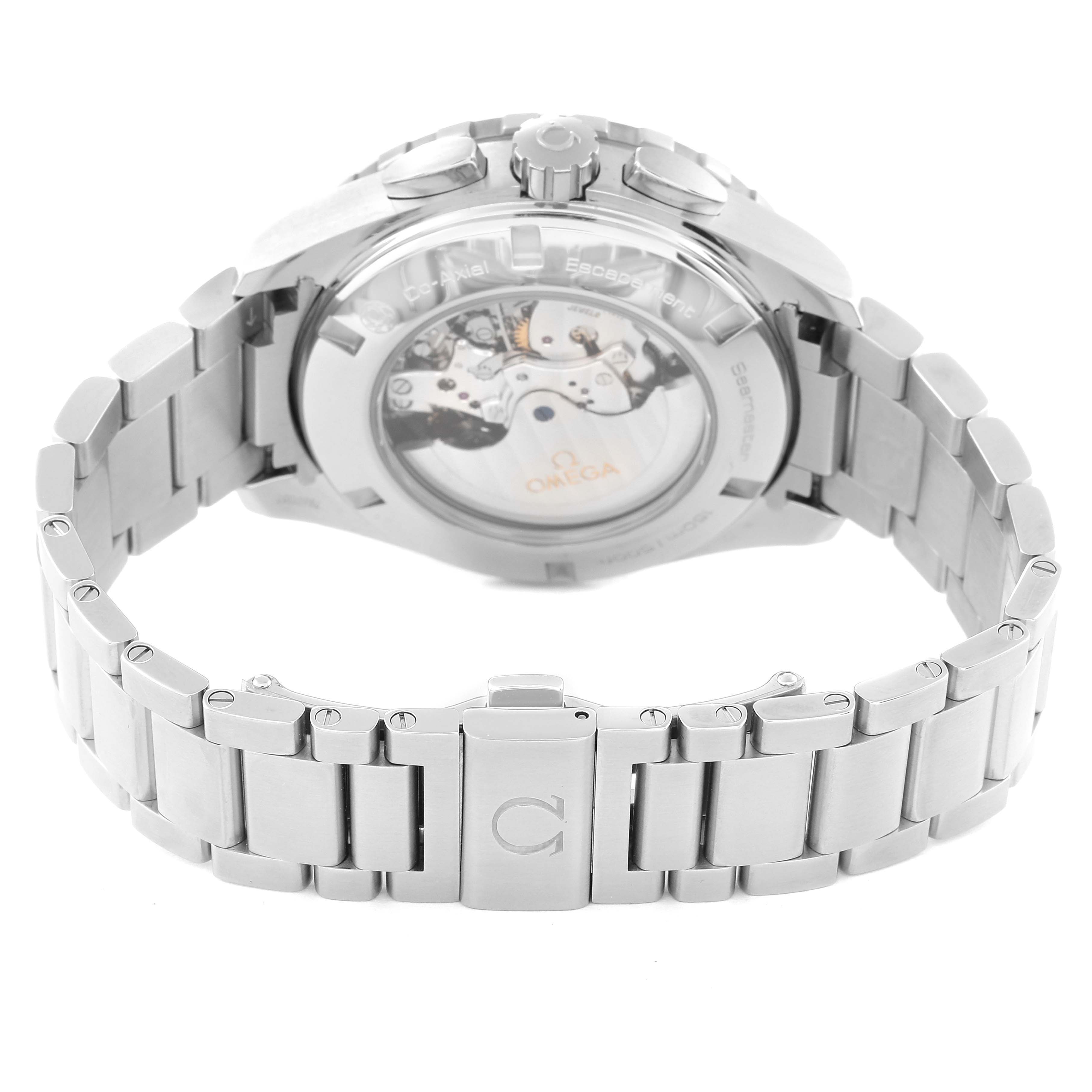 The image shows the back of the Omega Aqua Terra 231.10.44.52.06.001 Men's Stainless Steel Grey Dial 231.10.44.52.06.001 Men's Stainless Steel Grey Dial watch, highlighting its transparent case back and metal bracelet.