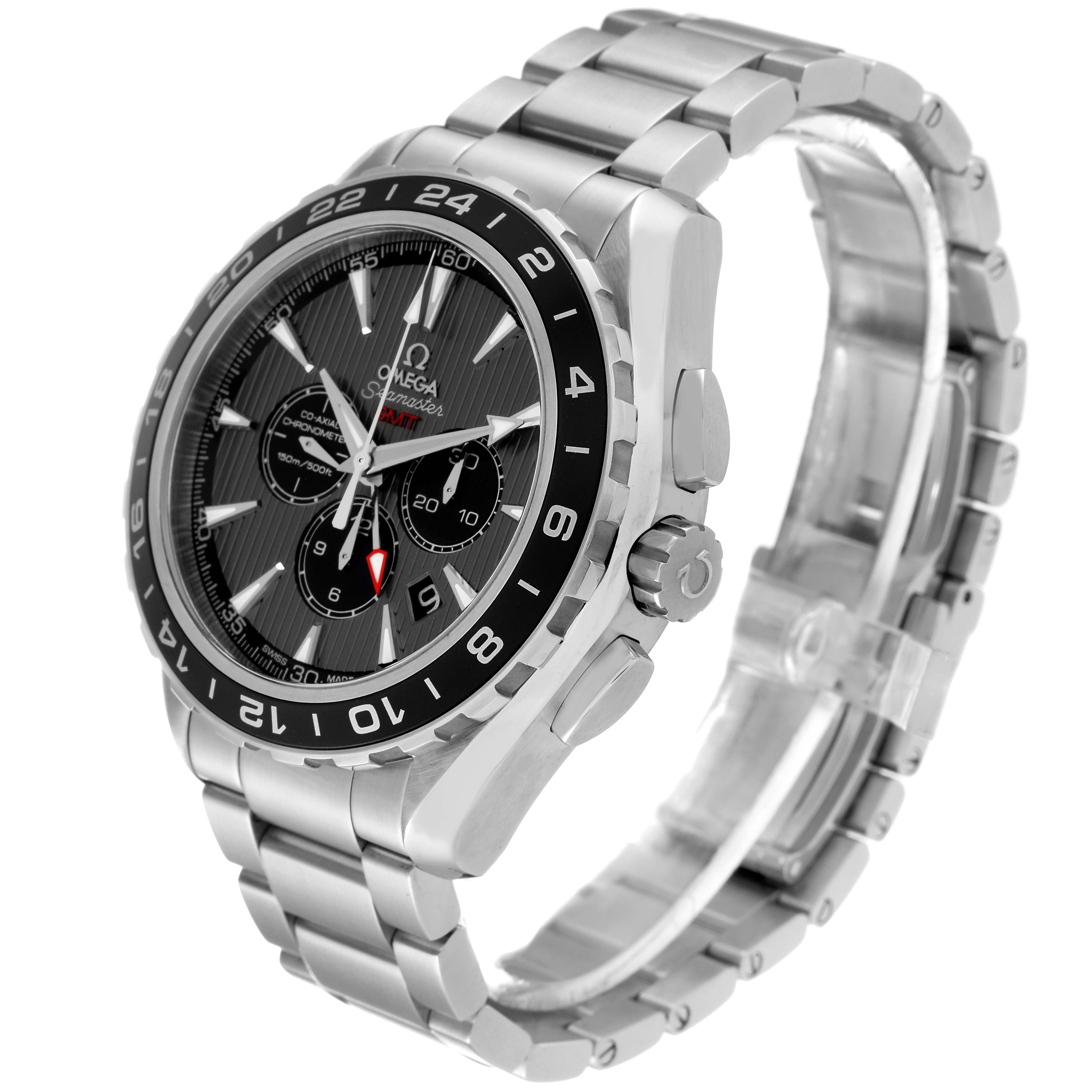 The Omega Aqua Terra 231.10.44.52.06.001 Men's Stainless Steel Grey Dial 231.10.44.52.06.001 Men's Stainless Steel Grey Dial watch is shown at an oblique angle, highlighting the face, bezel, bracelet, and crown.