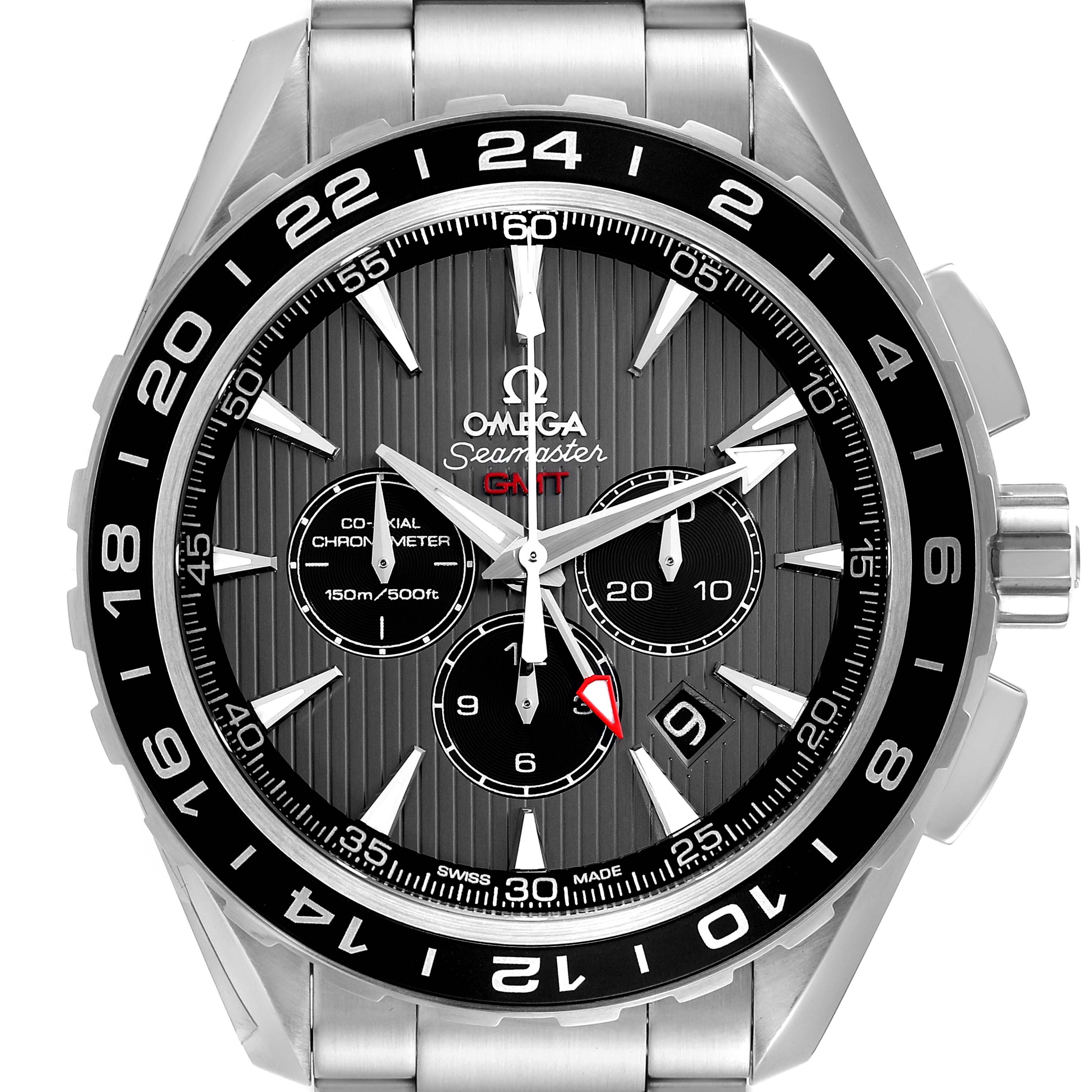 The Omega Aqua Terra 231.10.44.52.06.001 Men's Stainless Steel Grey Dial 231.10.44.52.06.001 Men's Stainless Steel Grey Dial model watch is shown from a front angle, displaying its face, hands, sub-dials, and bezel clearly.