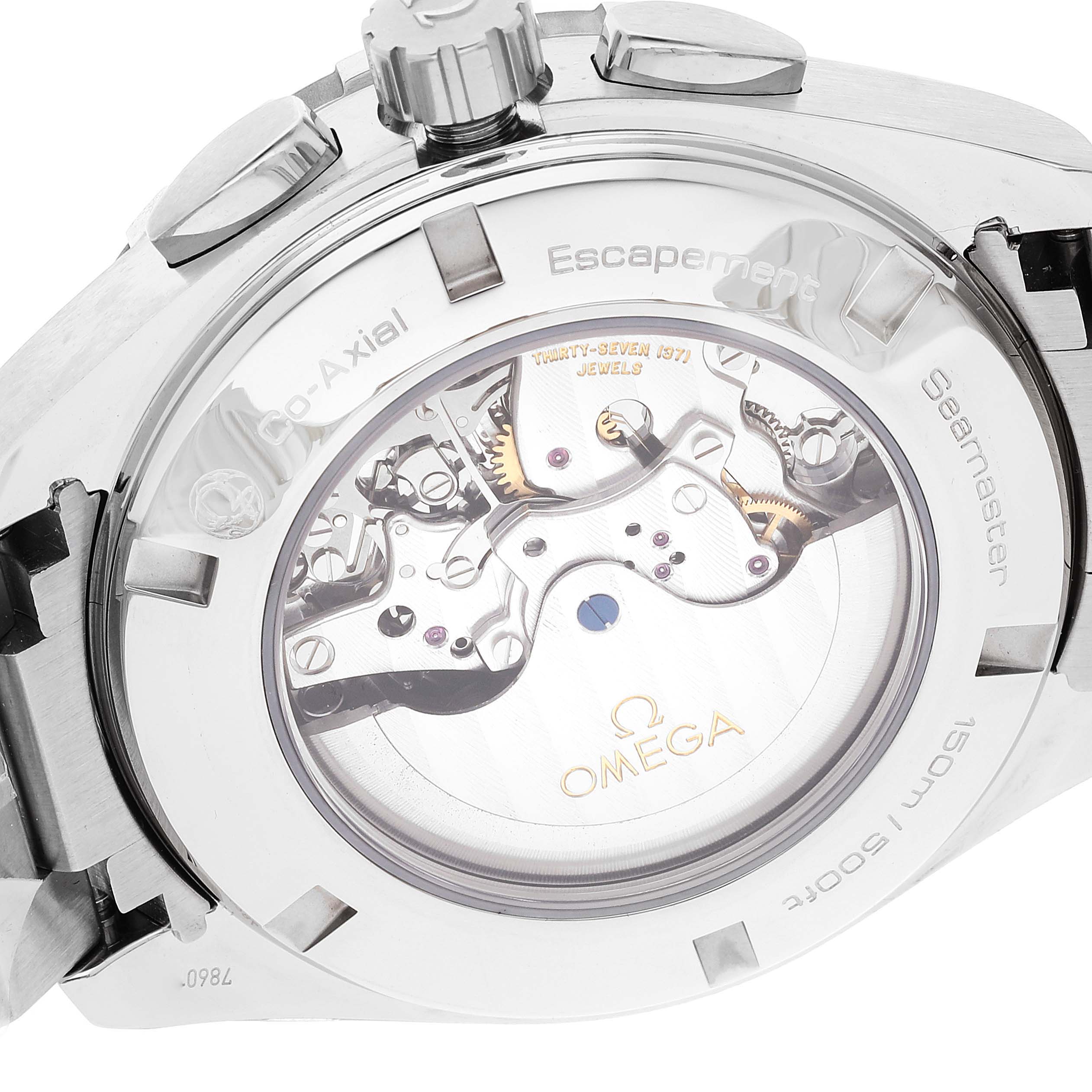 This image shows the back view of an Omega Aqua Terra 231.10.44.52.06.001 Men's Stainless Steel Grey Dial 231.10.44.52.06.001 Men's Stainless Steel Grey Dial watch, displaying its intricate movement and inner mechanisms.