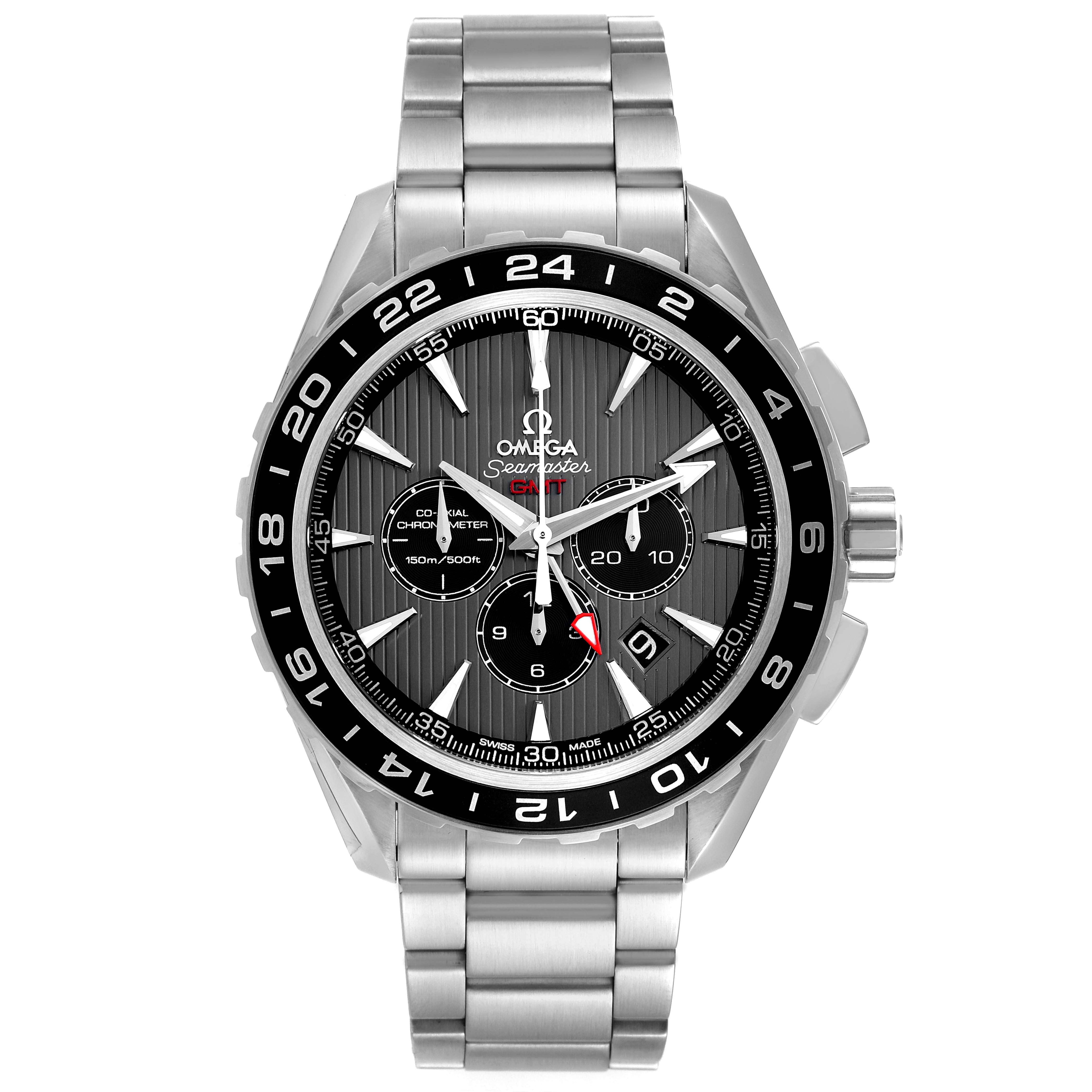 The image displays a front view of the Omega Aqua Terra 231.10.44.52.06.001 Men's Stainless Steel Grey Dial 231.10.44.52.06.001 Men's Stainless Steel Grey Dial watch, showcasing its dial, hands, markers, and metal bracelet.