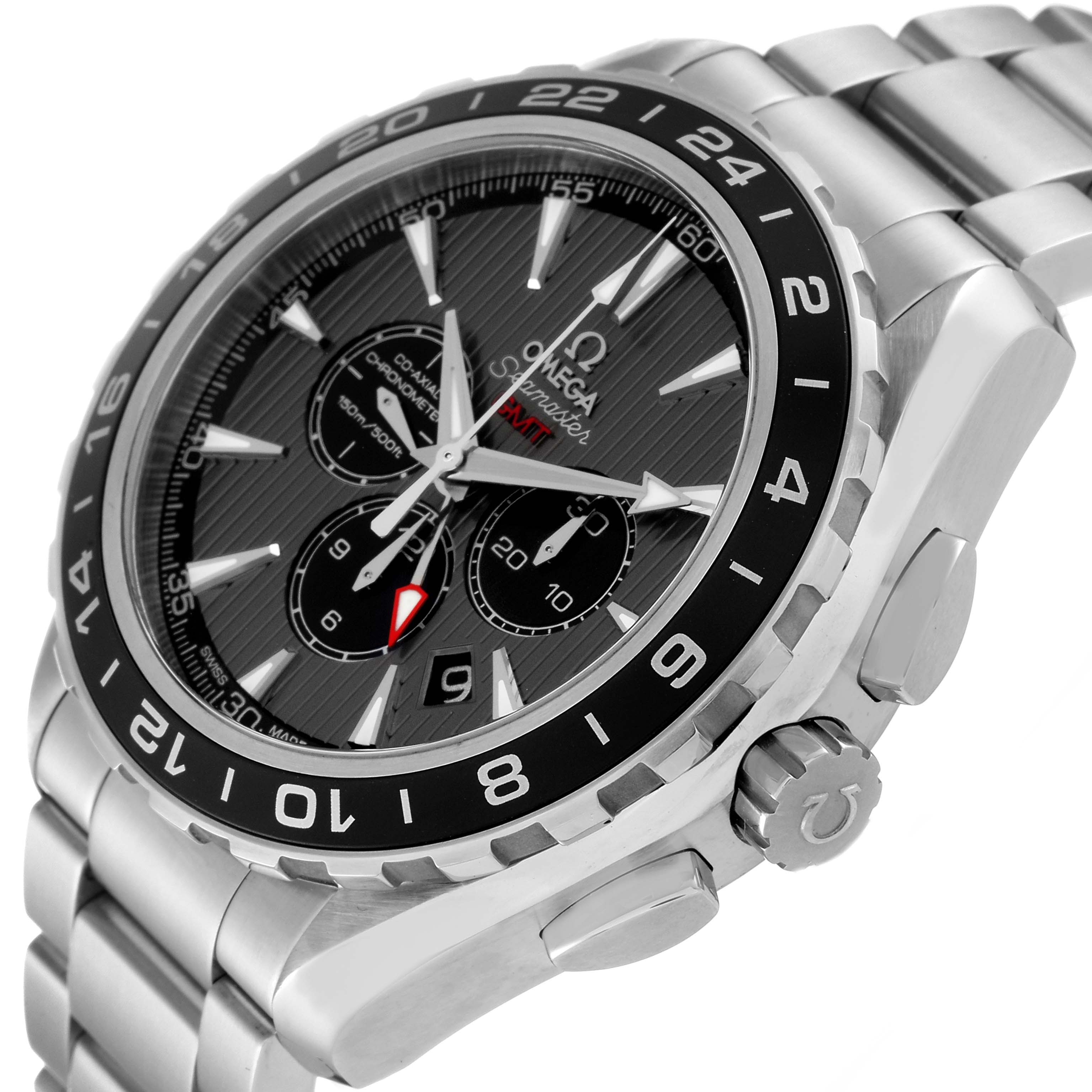 The image shows a side-angle view of the Omega Aqua Terra 231.10.44.52.06.001 Men's Stainless Steel Grey Dial 231.10.44.52.06.001 Men's Stainless Steel Grey Dial watch, highlighting the watch face, bezel, crown, and bracelet.