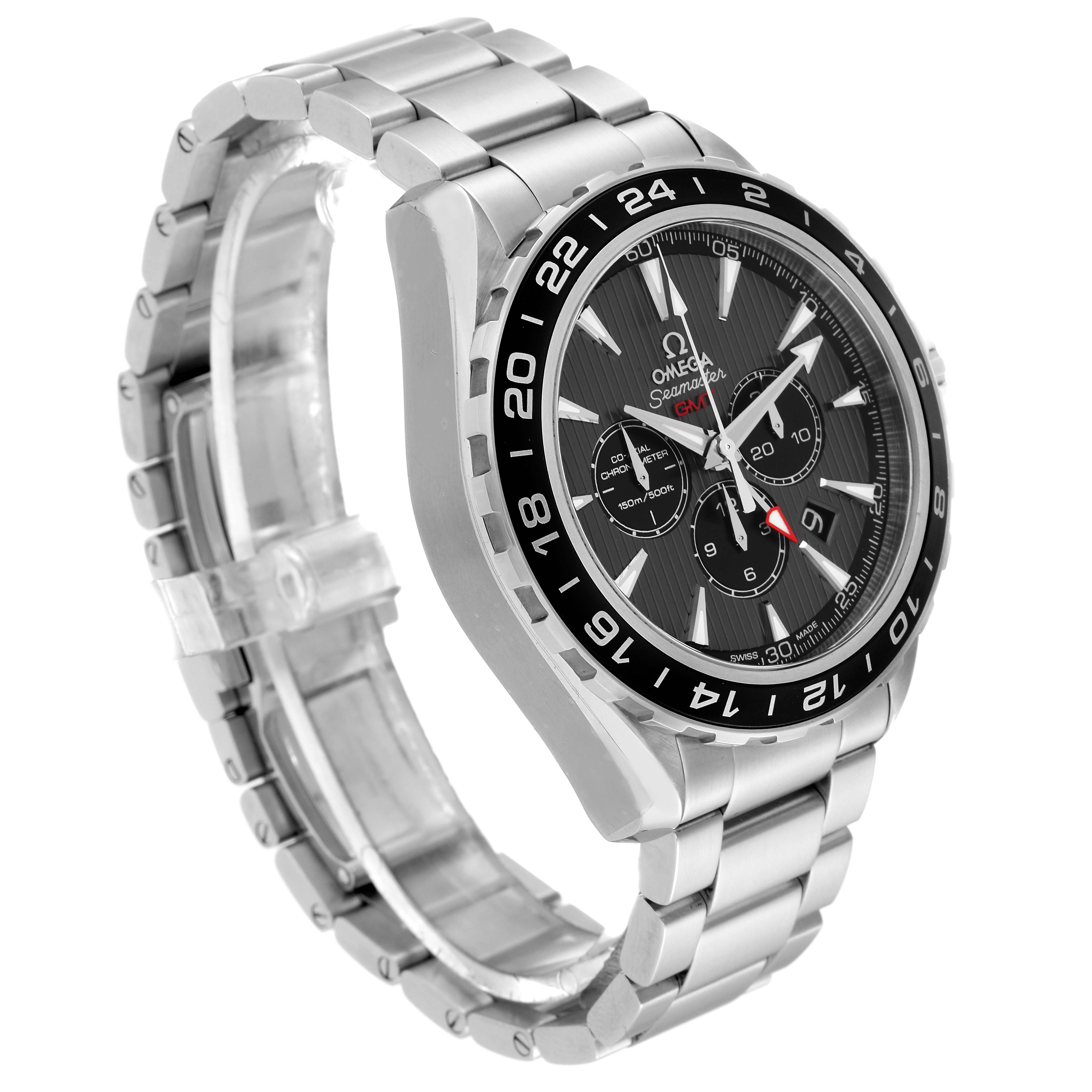 The Omega Aqua Terra 231.10.44.52.06.001 Men's Stainless Steel Grey Dial 231.10.44.52.06.001 Men's Stainless Steel Grey Dial watch is shown at a 3/4 angle, displaying its stainless steel band, black bezel, and multi-dial face.