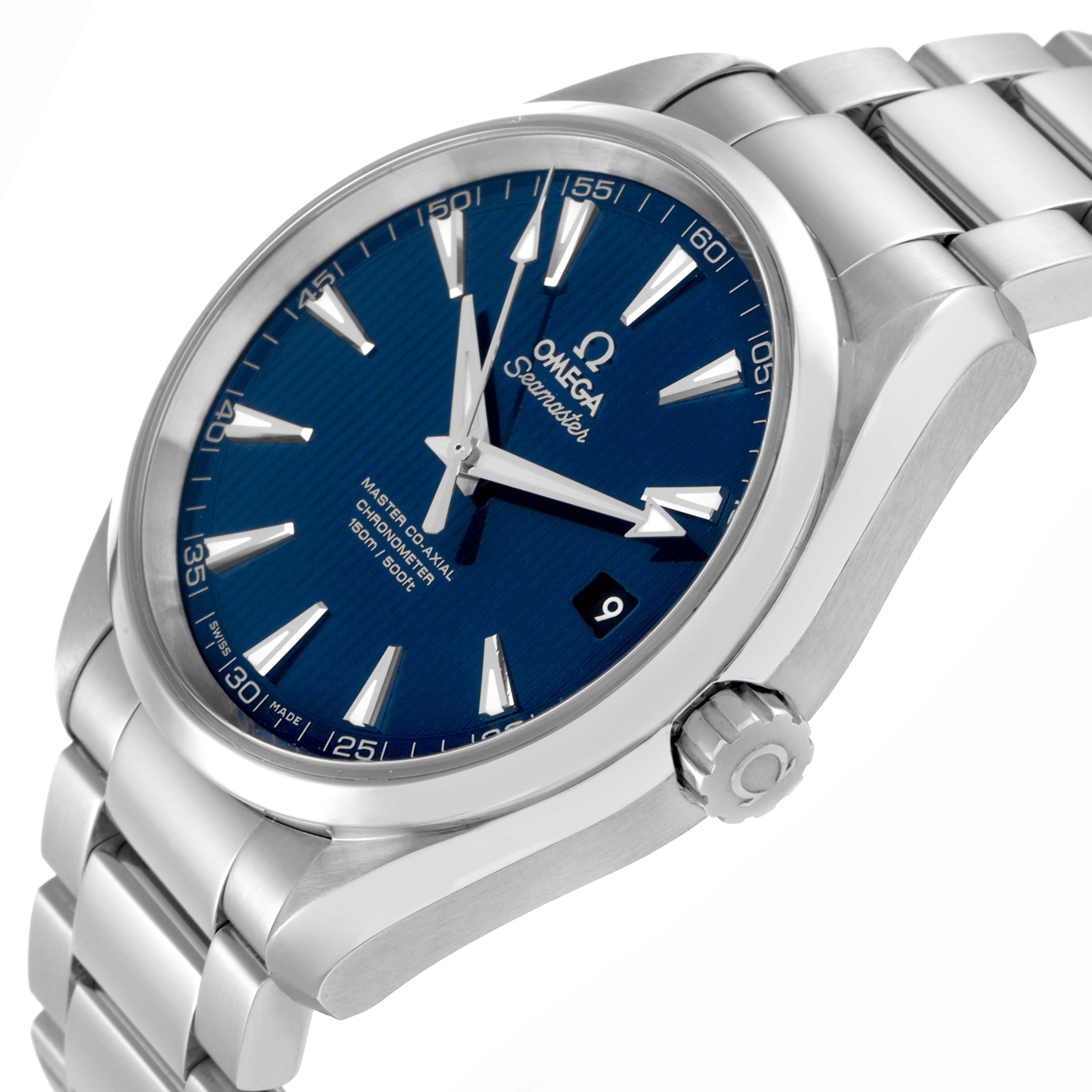 The Omega Aqua Terra model 231.10.42.21.03.003 is shown at a slight angle displaying the blue dial, bezel, lugs, crown, and stainless steel bracelet.