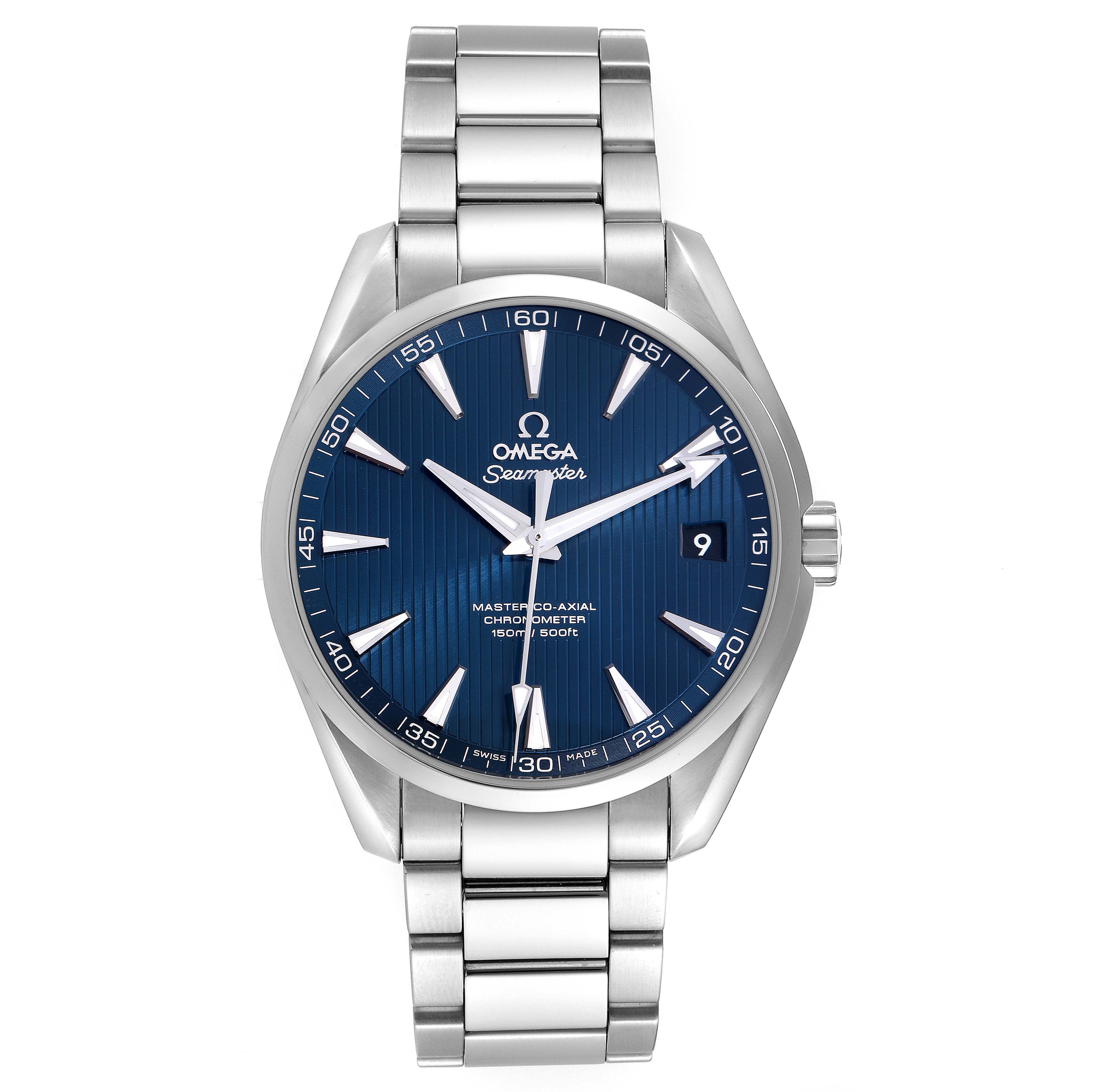 The Omega Aqua Terra model 231.10.42.21.03.003 is shown from a top-down angle, displaying its blue dial, date window, and stainless steel bracelet.
