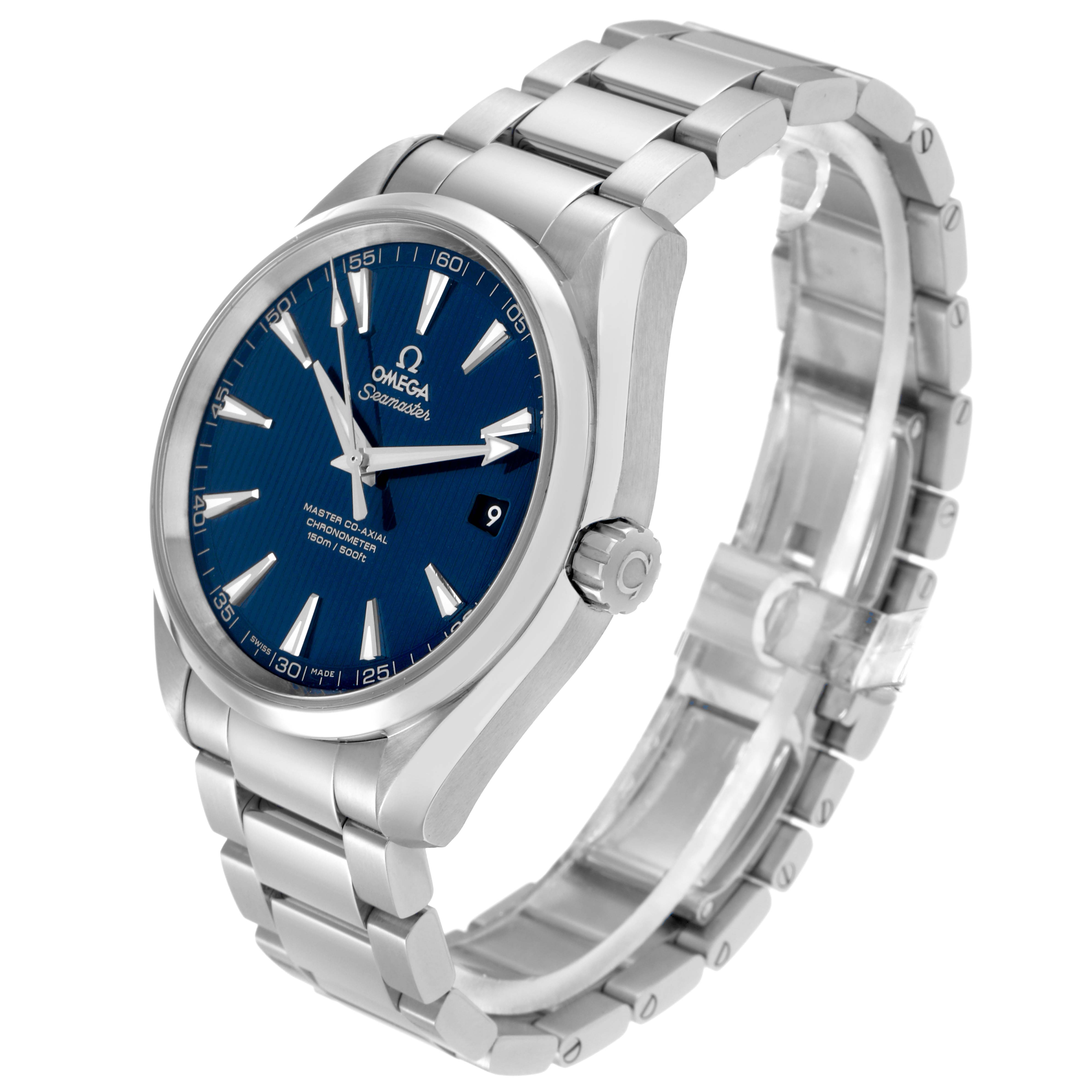 The Omega Aqua Terra model 231.10.42.21.03.003 is shown at a three-quarter angle, highlighting its blue dial, stainless steel case, and bracelet.