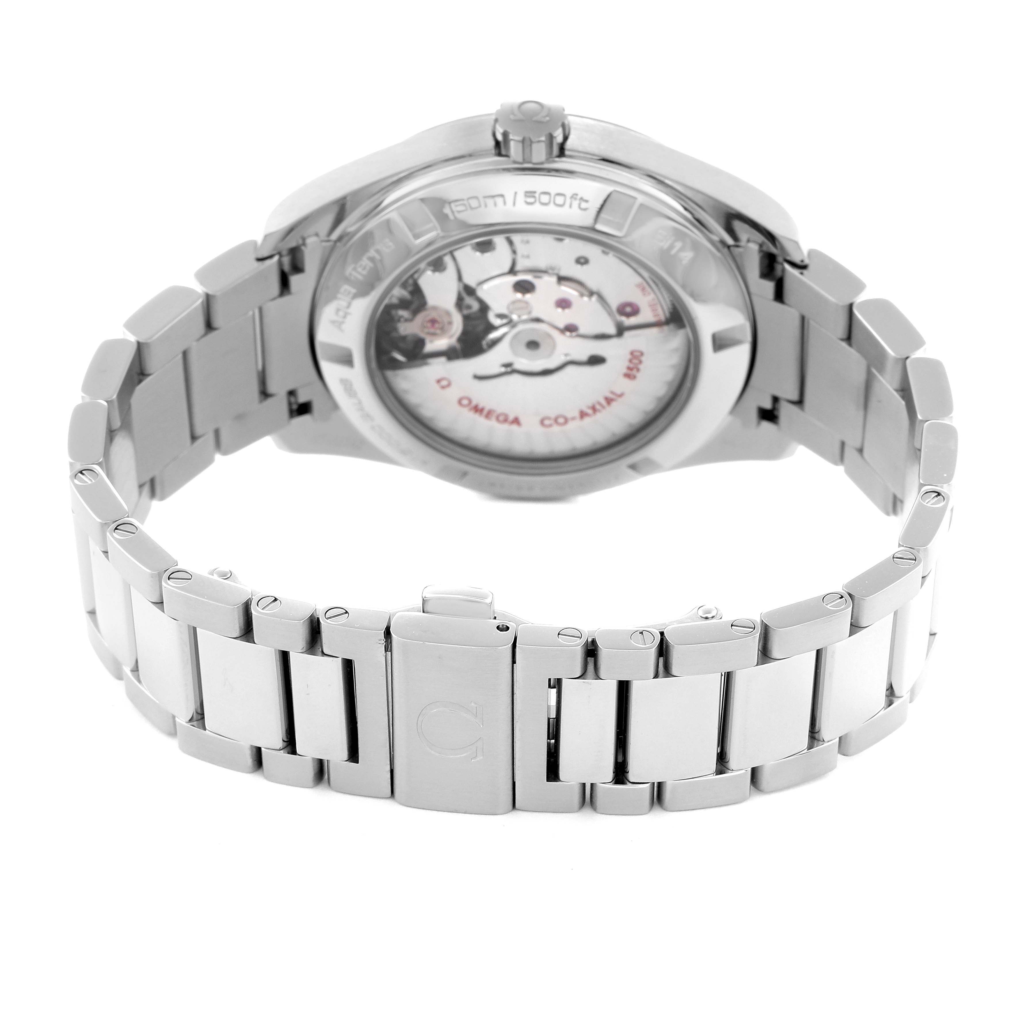 The image shows the back view of the Omega Aqua Terra model 231.10.42.21.03.003, highlighting its movement through a transparent case back and a metal bracelet.