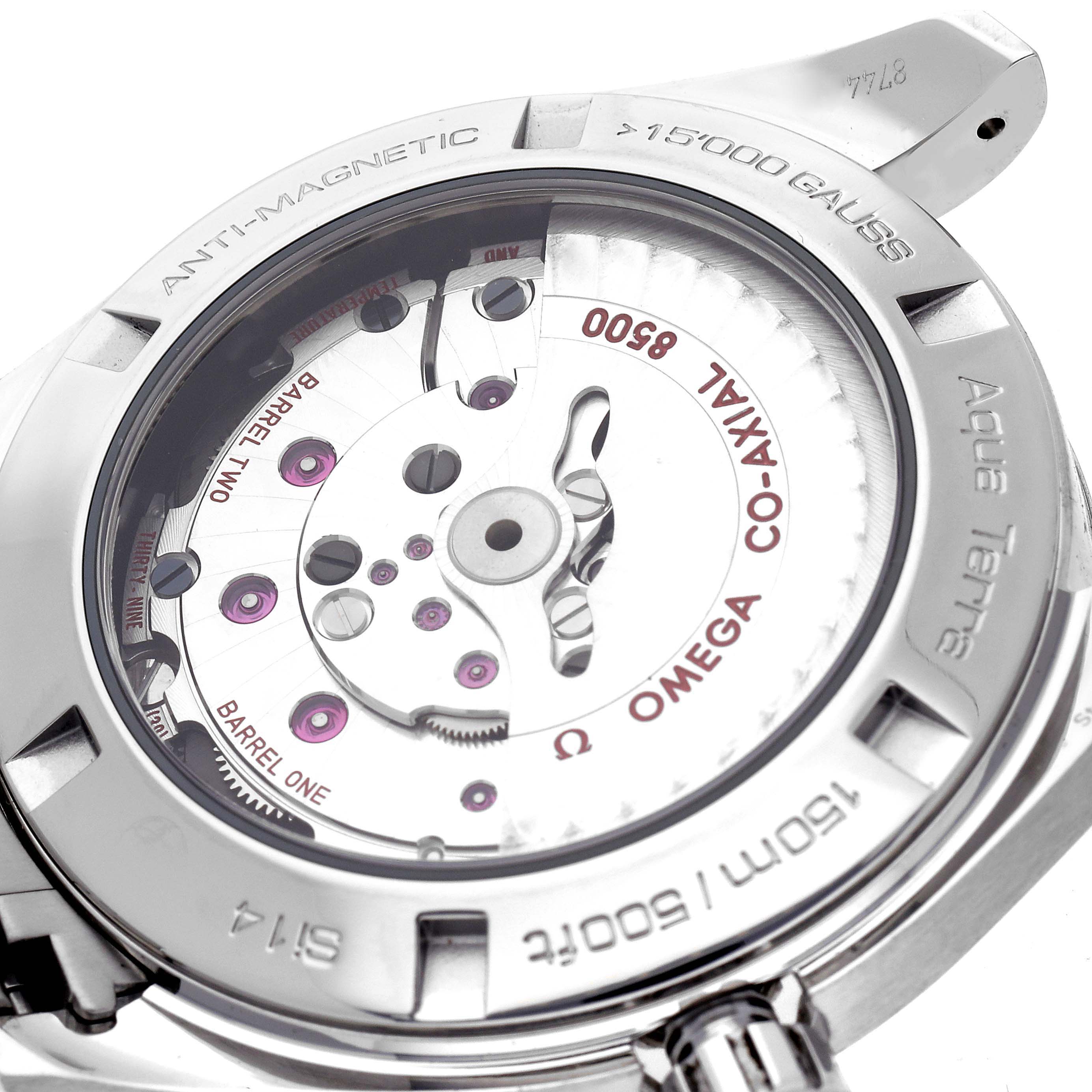 The image shows the backside of the Omega Aqua Terra model 231.10.42.21.03.003, highlighting the exposed movement through the transparent case back.